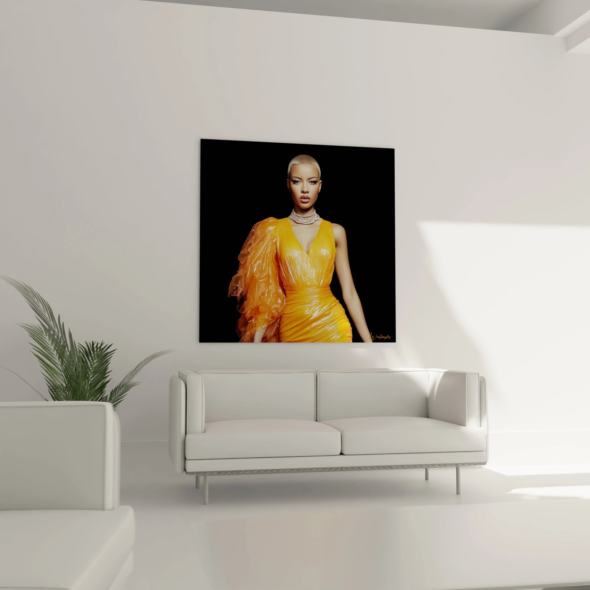 Tableau femme mode glamour avec une modèle en robe jaune vif dans un décor moderne