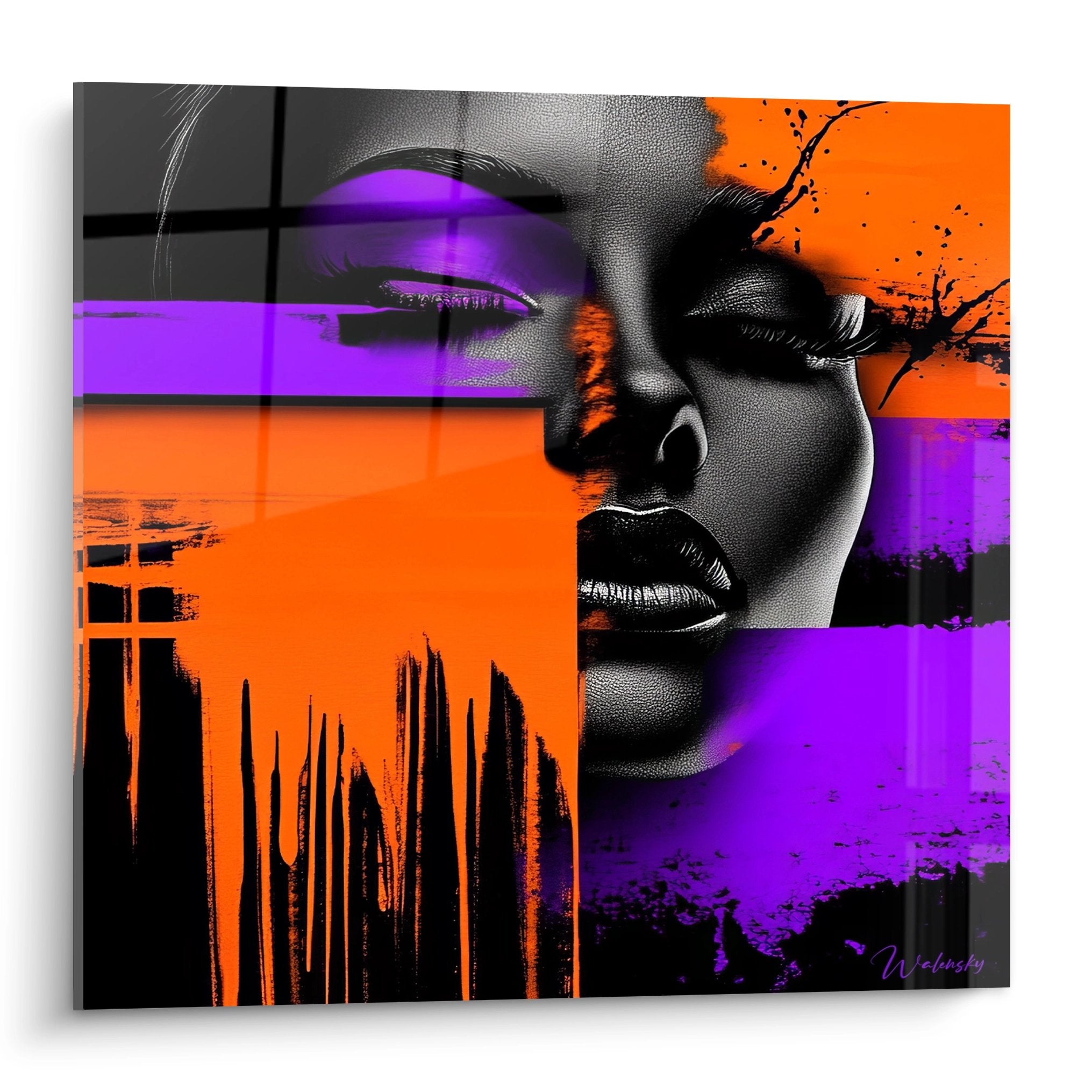 Tableau femme moderne coloré orange violet art abstrait contemporain portrait design