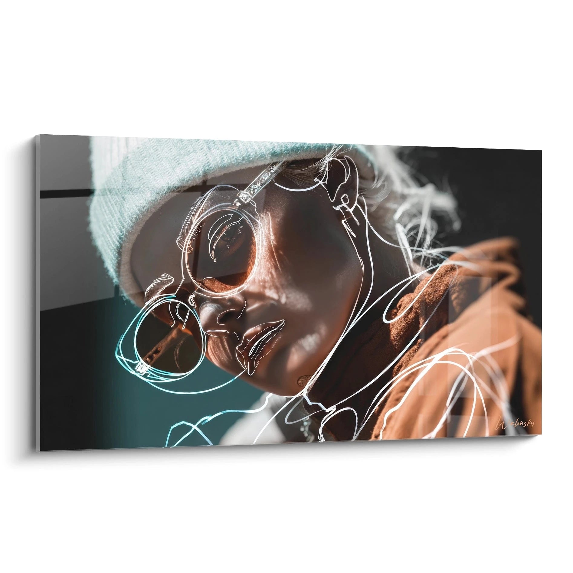 Tableau femme moderne élégant avec une illustration stylisée en noir et blanc sur fond coloré