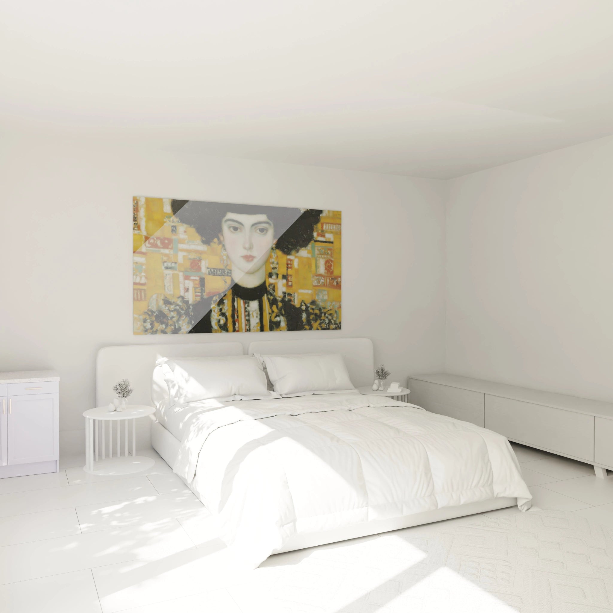 Tableau mural Walensky tableau symboliste femme motifs sacrés au dessus du lit double dans chambre moderne blanche