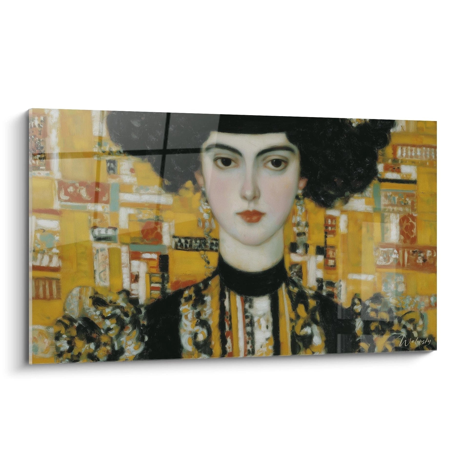 Tableau mural Walensky tableau symboliste femme motifs sacrés portrait stylisé d une femme aux cheveux noirs et fond or