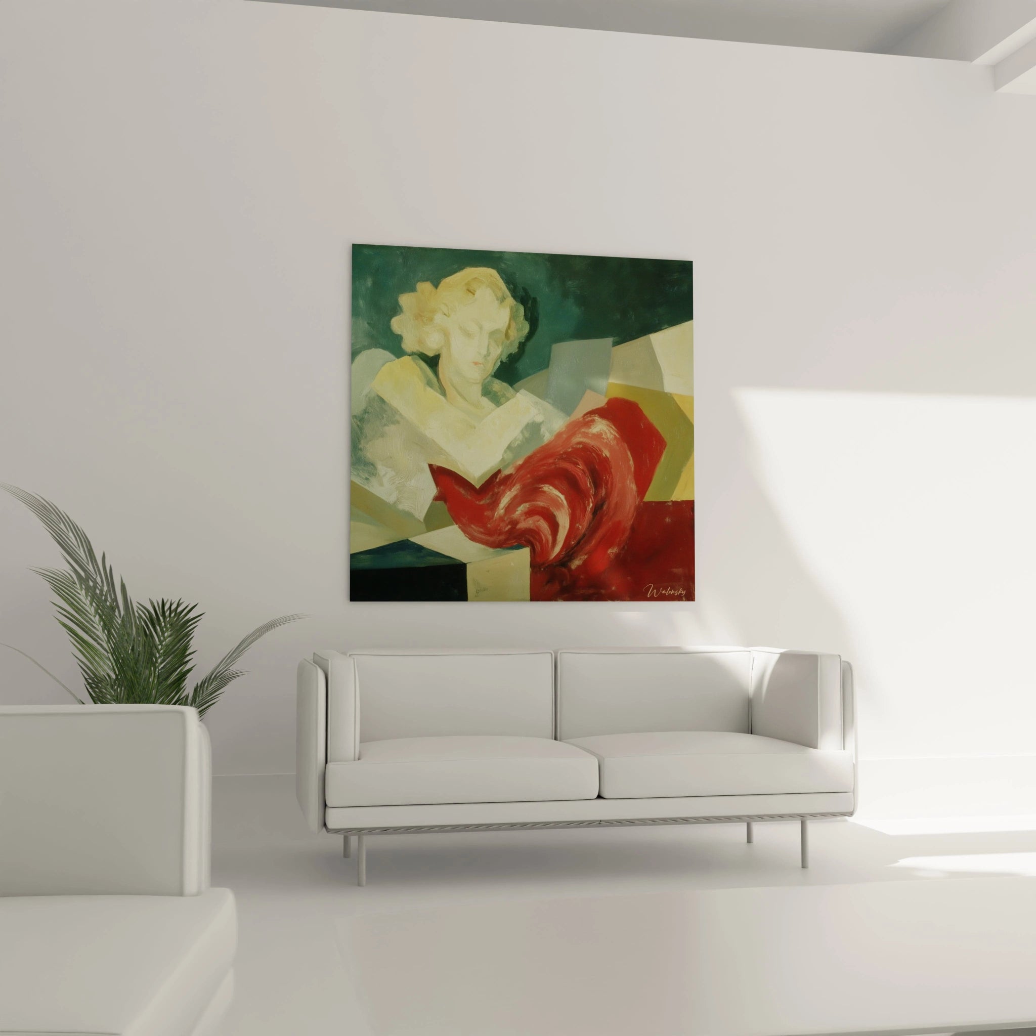 tableau femme dadaïsme Walensky peinture murale abstraite vert et rouge avec formes géométriques au dessus du canapé blanc