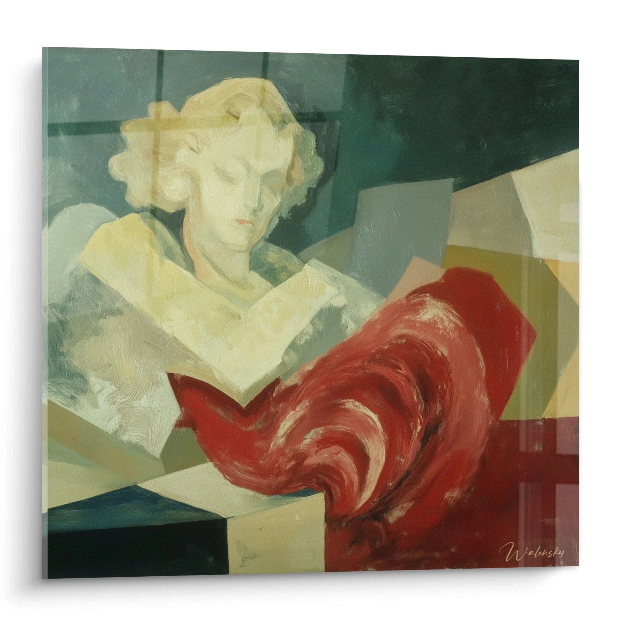 Walensky tableau femme dadaïsme peinture murale d une femme stylisée avec drapé rouge et formes géométriques abstraites