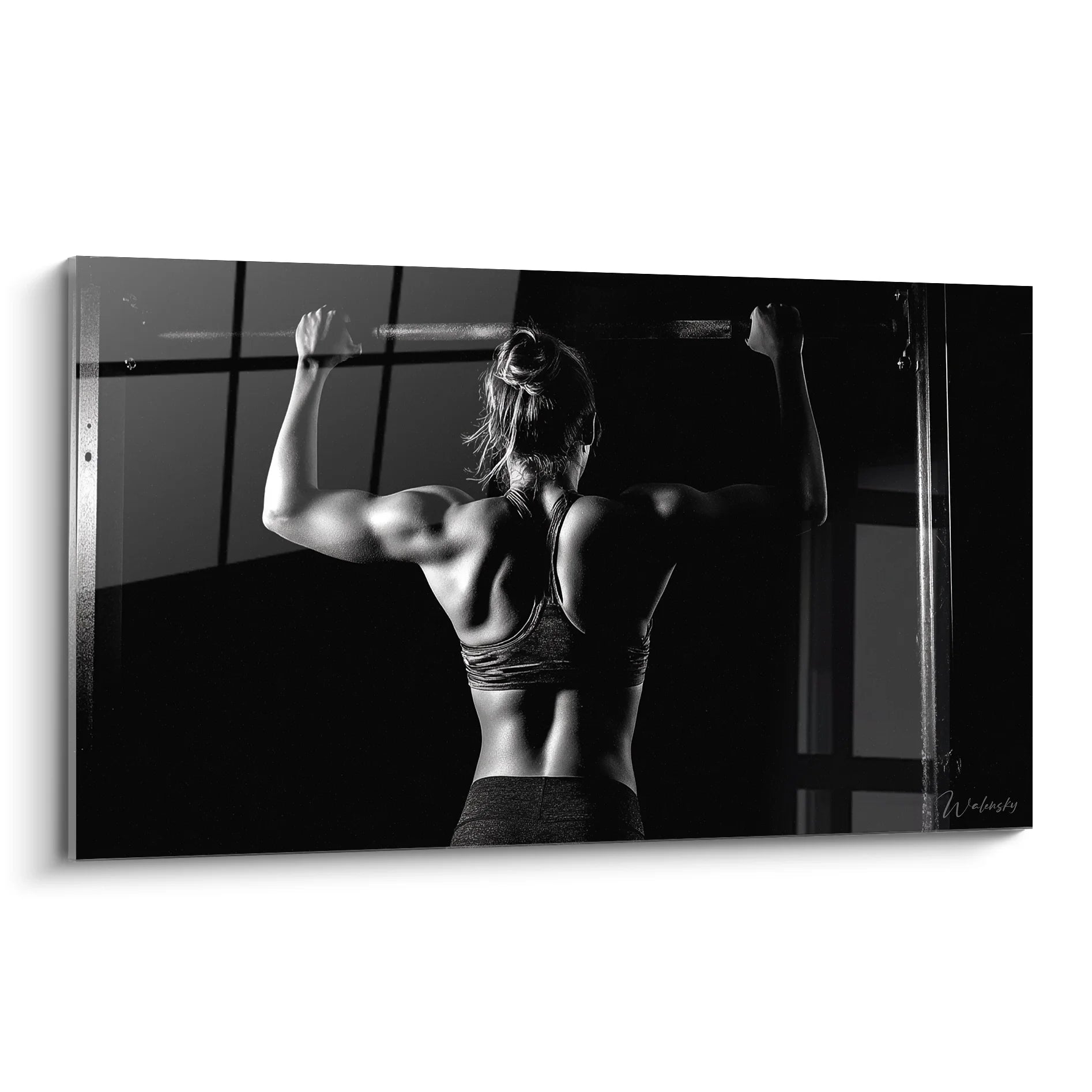 Tableau noir blanc femme musculation dos muscles salle sport art mural fitness moderne