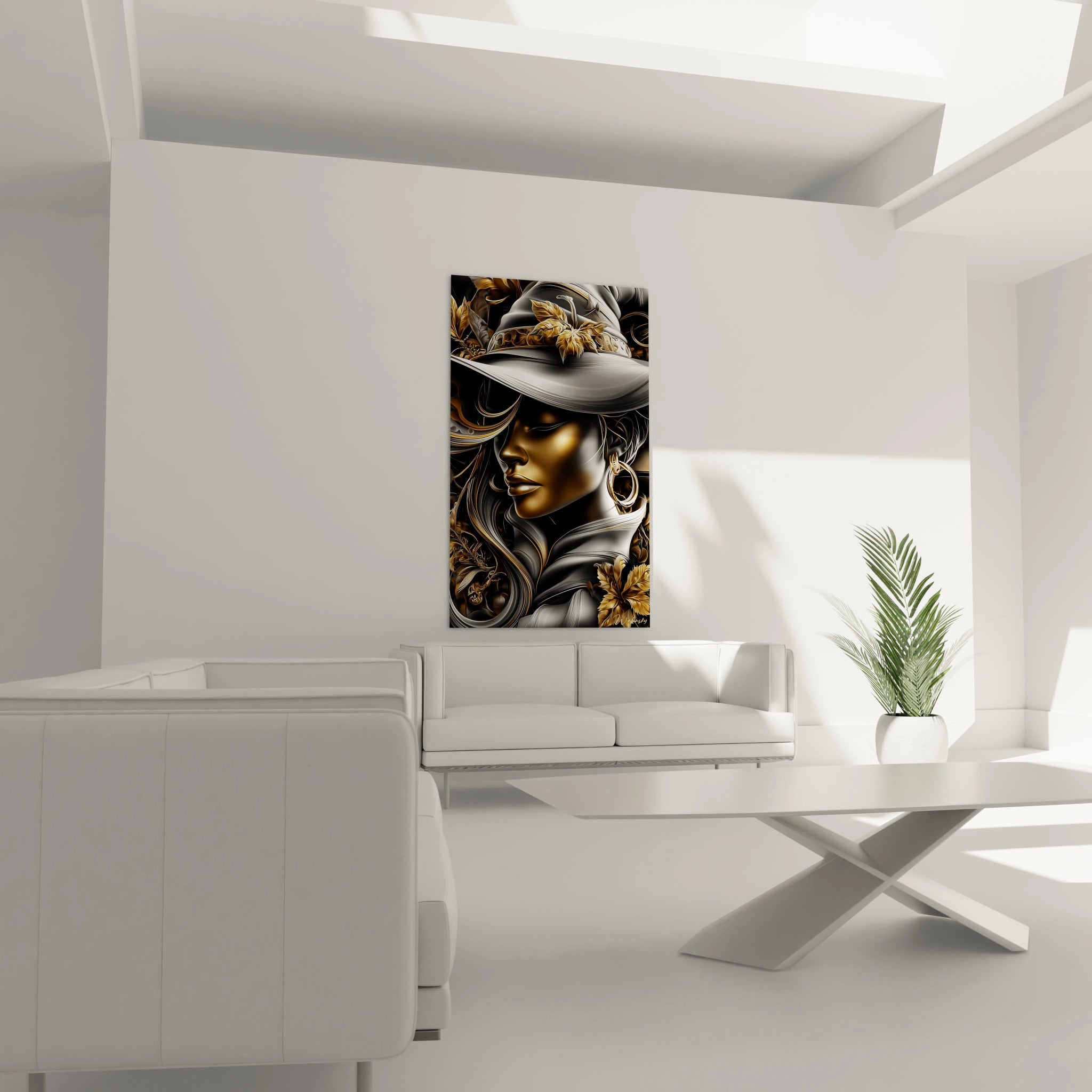 Tableau mural Walensky portrait doré de femme en chapeau dans salon minimaliste tableau femme mystérieuse