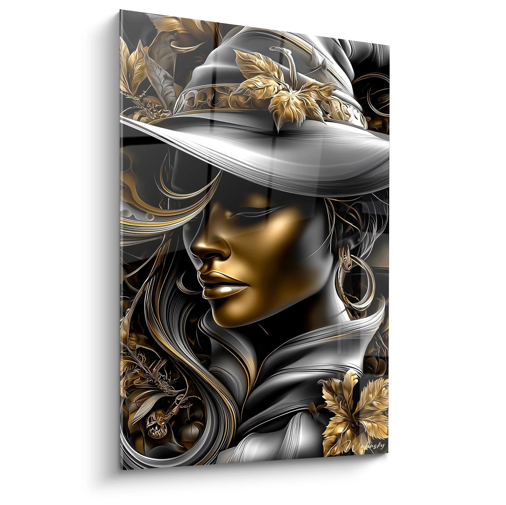 Walensky tableau femme mystérieuse portrait mural noir et or style art numérique chapeau et fleurs