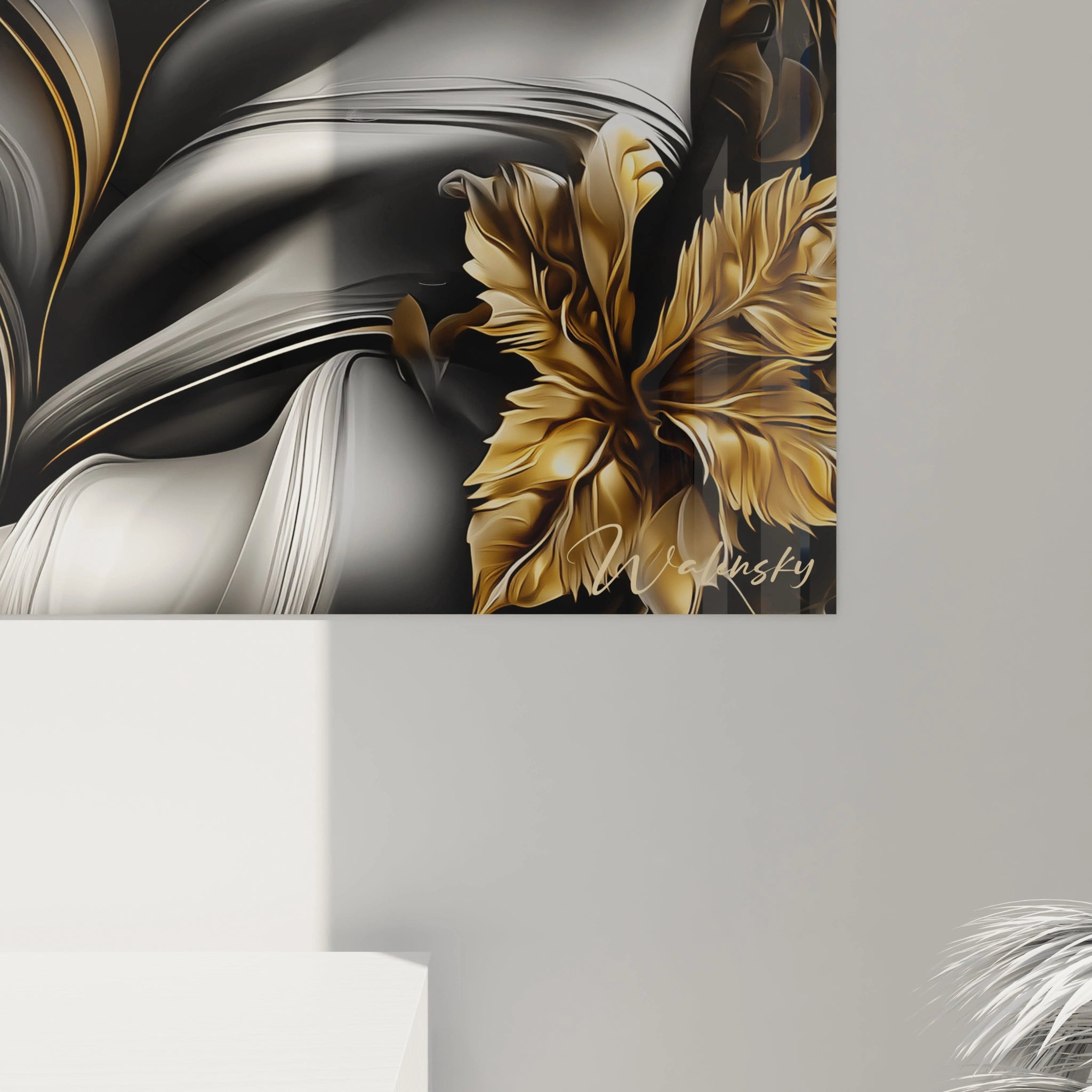 tableau femme mystérieuse Walensky tableau mural abstrait noir et blanc avec grandes feuilles dorées signées