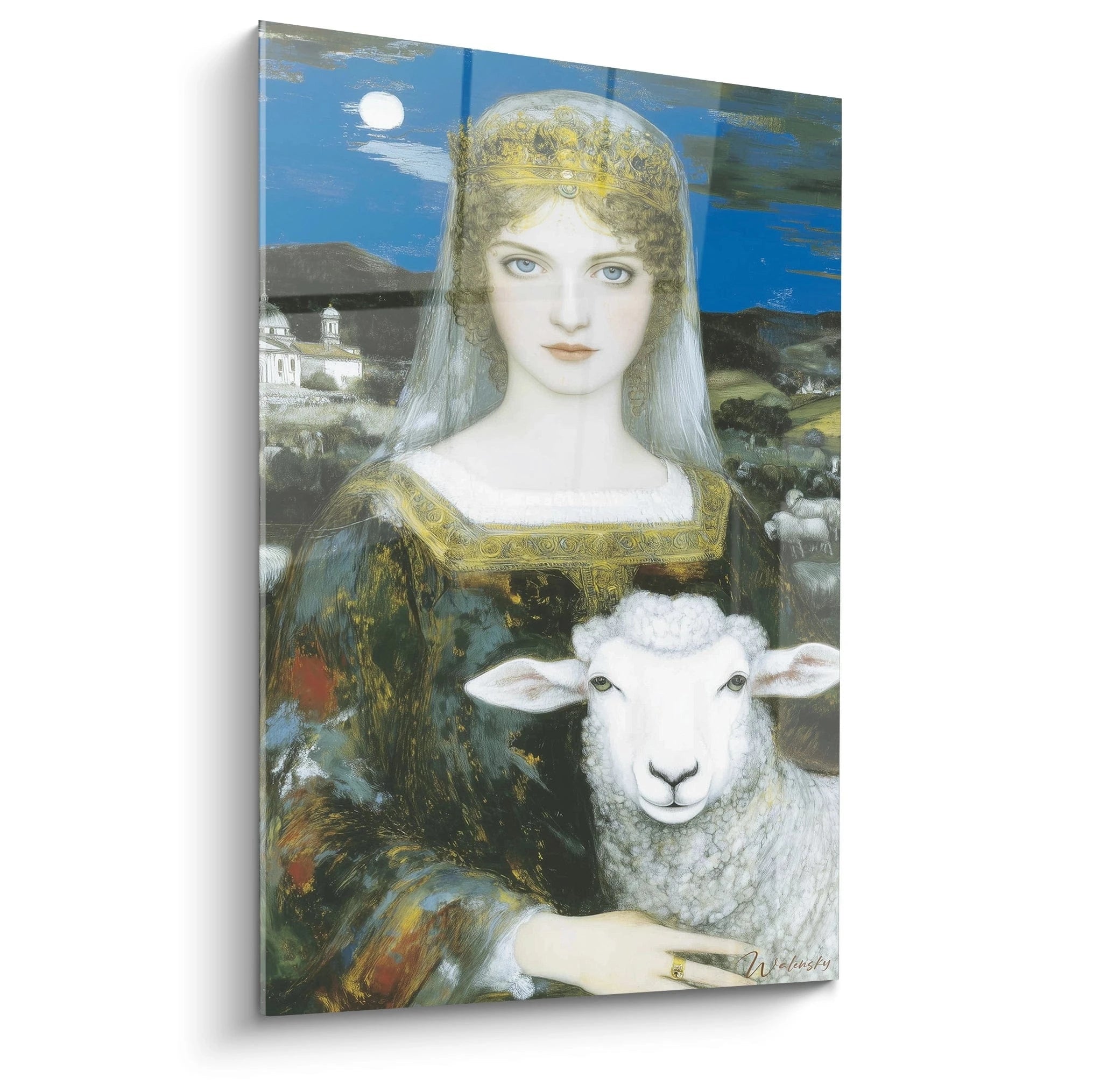 tableau femme préraphaélite Walensky tableau mural représentant une femme couronnée en robe médiévale tenant un agneau la nuit
