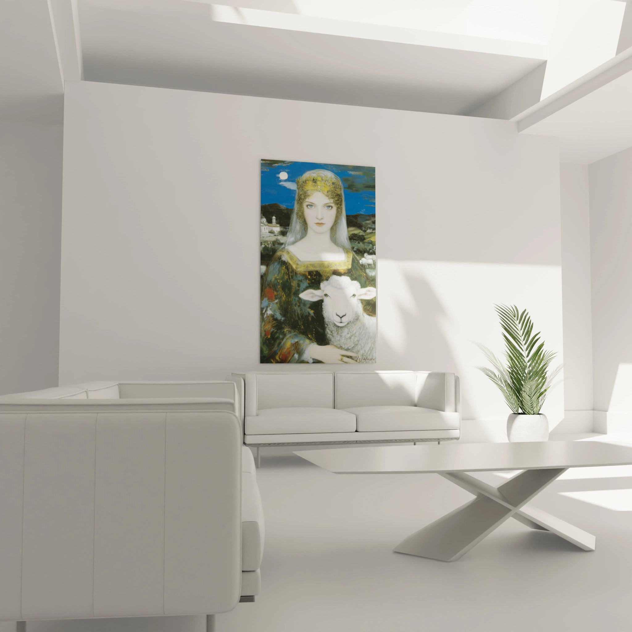 Tableau mural Walensky avec tableau femme préraphaélite tenant un agneau décor salon moderne et lumineux