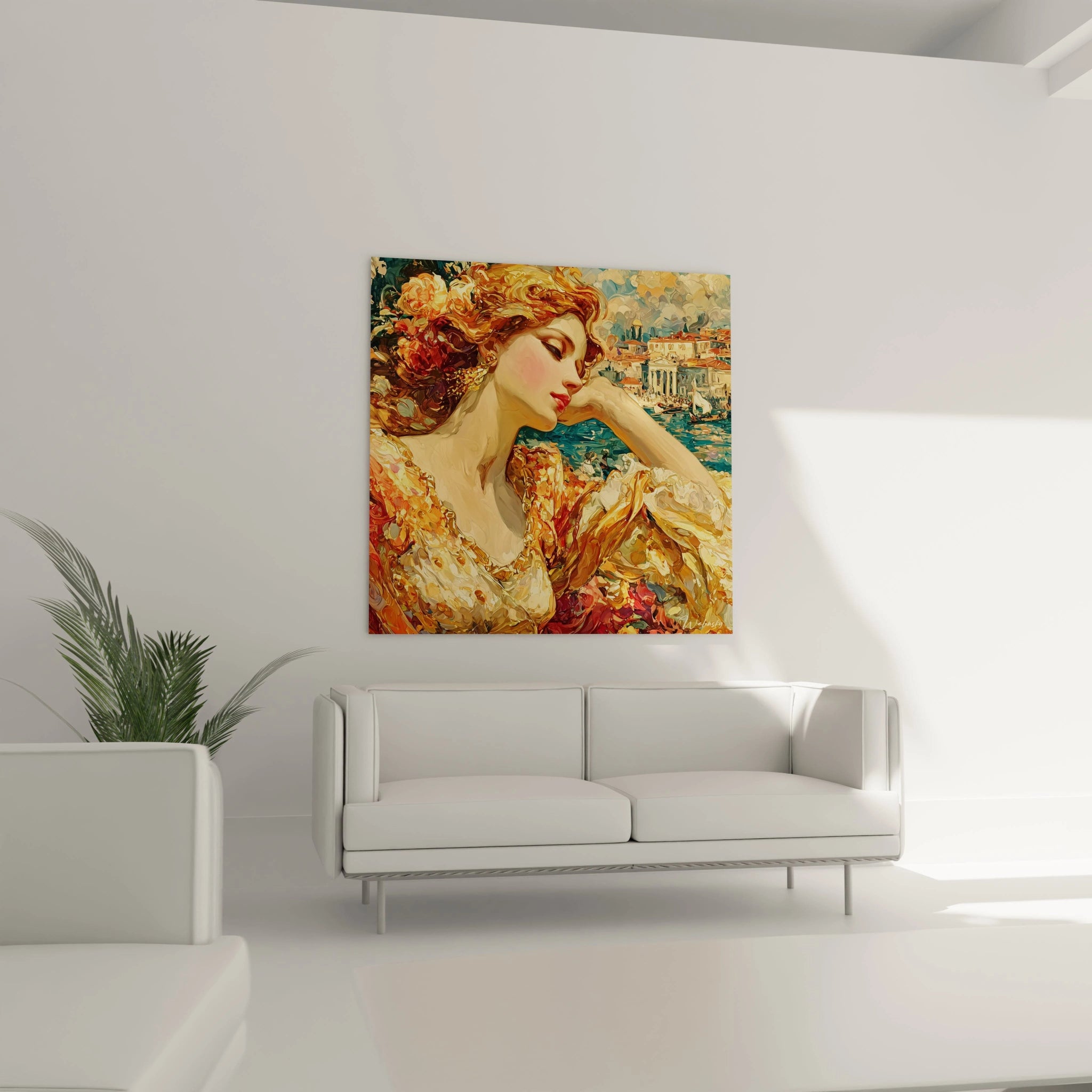 tableau femme renaissance italienne coloré Walensky accroché au dessus du canapé blanc dans un salon minimaliste et lumineux