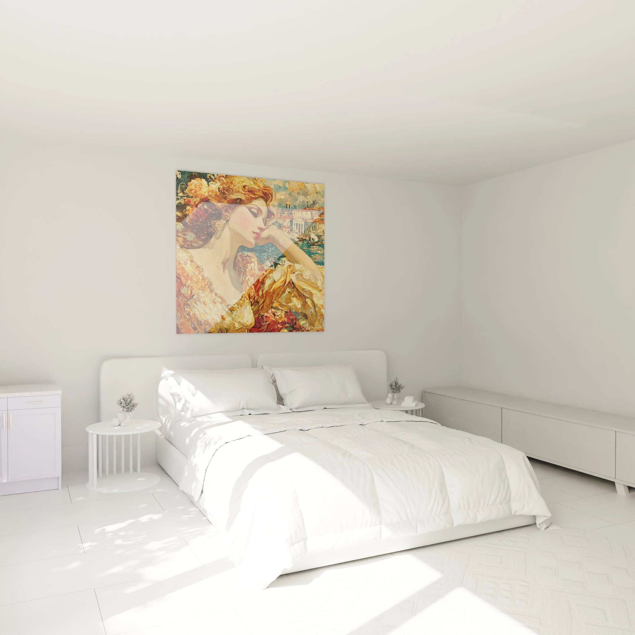 tableau femme renaissance italienne Walensky accroché au dessus d un lit blanc dans une chambre minimaliste lumineuse