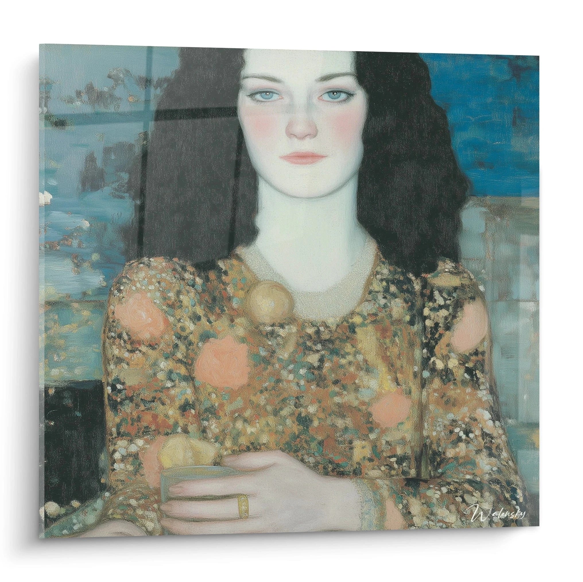 tableau femme symboliste Walensky portrait d une femme aux cheveux noirs peau pale robe doree motifs floraux tenant une tasse