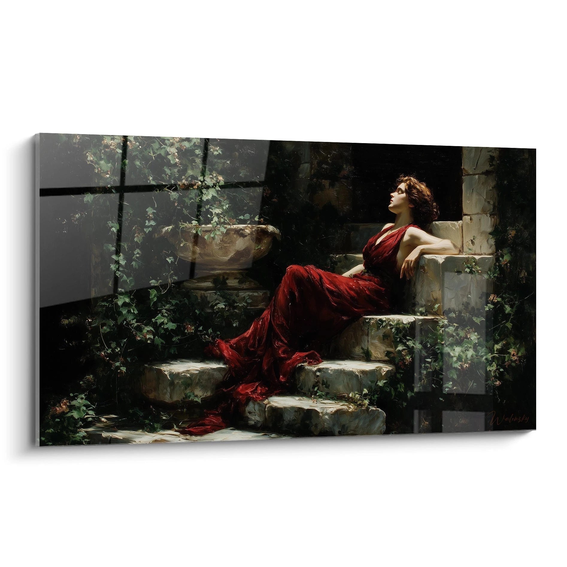 tableau femme classique Walensky representant une femme en robe rouge allongee sur des marches de pierre