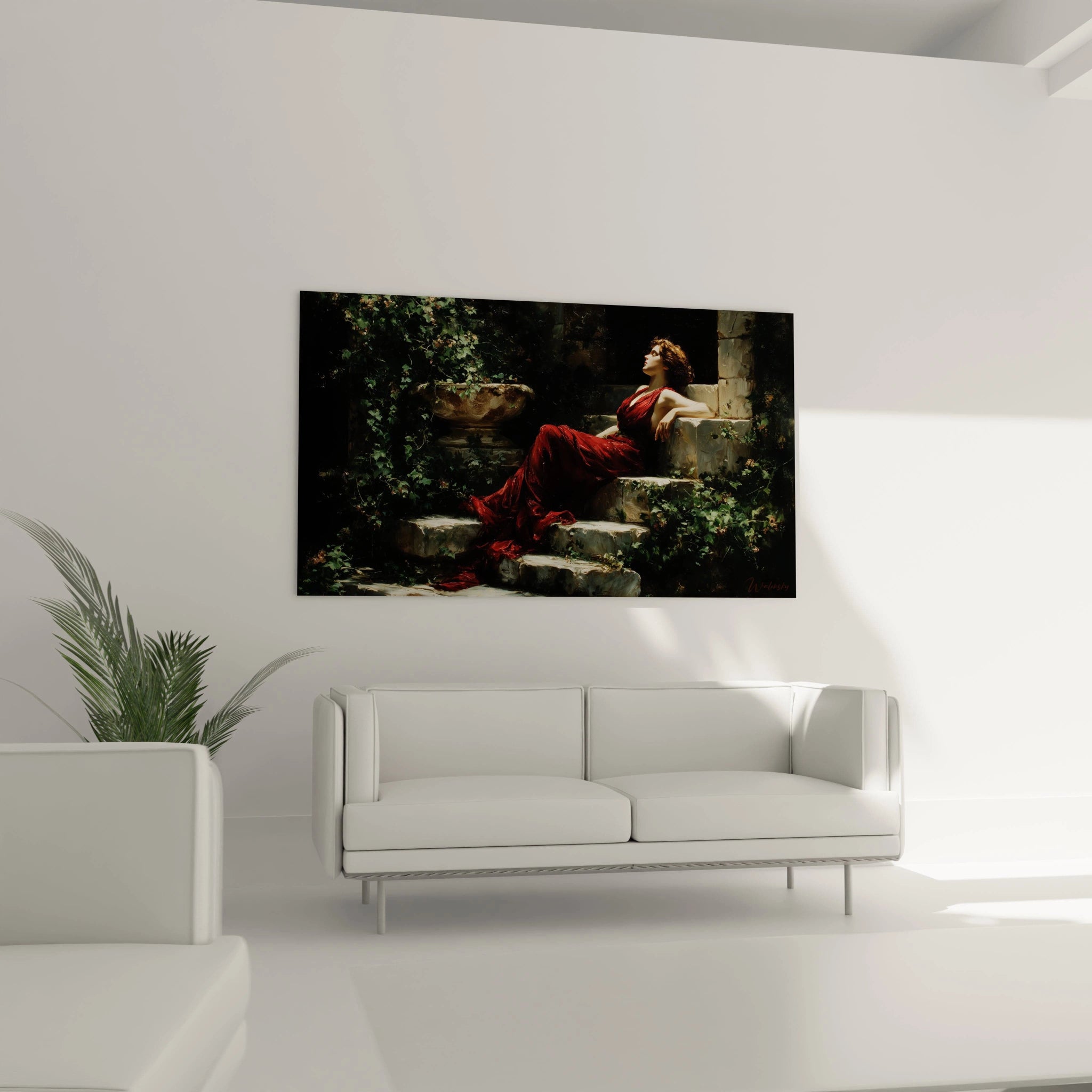 Walensky tableau femme classique mural representant une femme en robe rouge allongee sur des marches dans un salon moderne