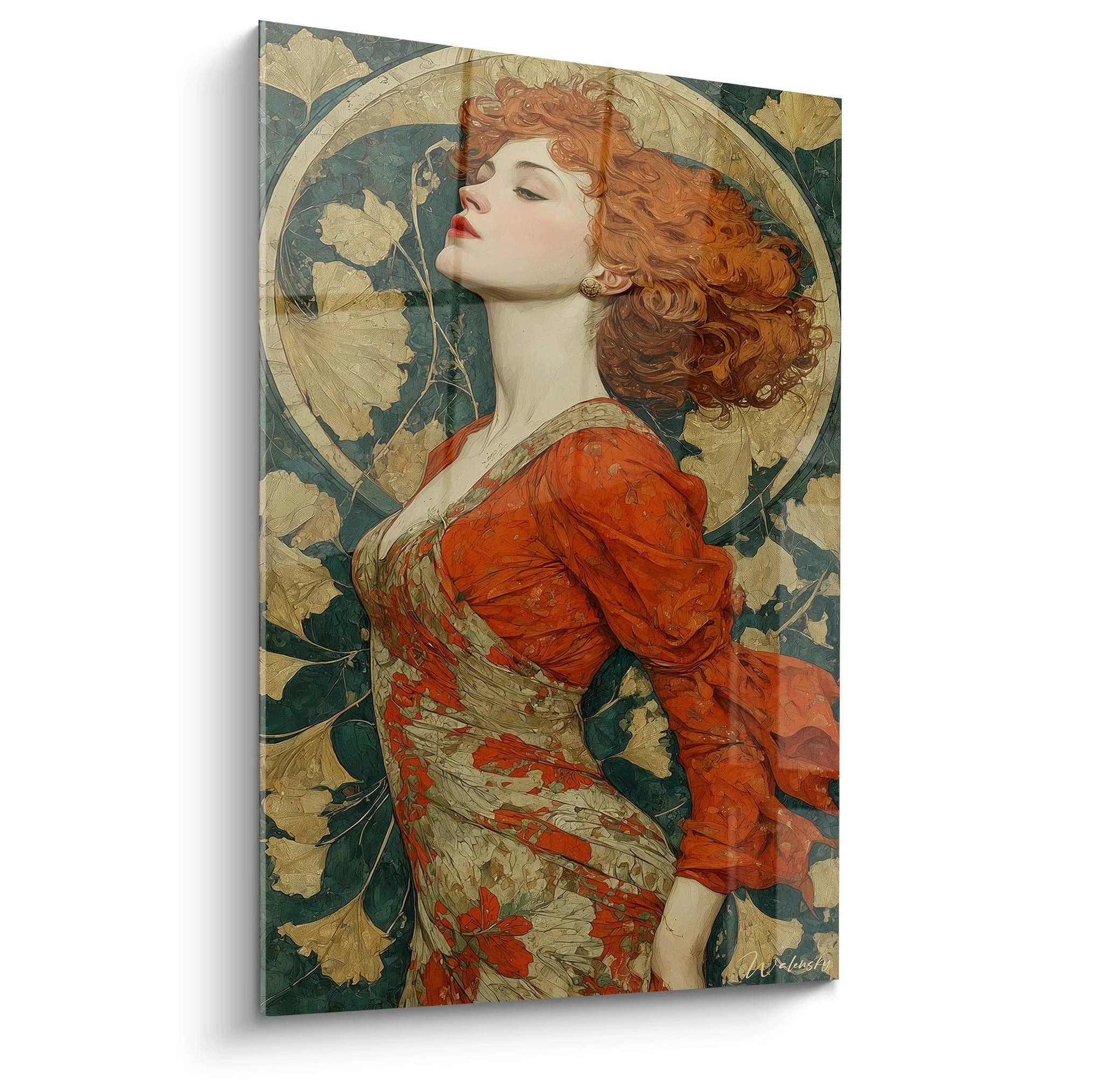 Tableau art nouveau femme Walensky toile murale illustrant une femme rousse en profil robe fleurie et halo doré