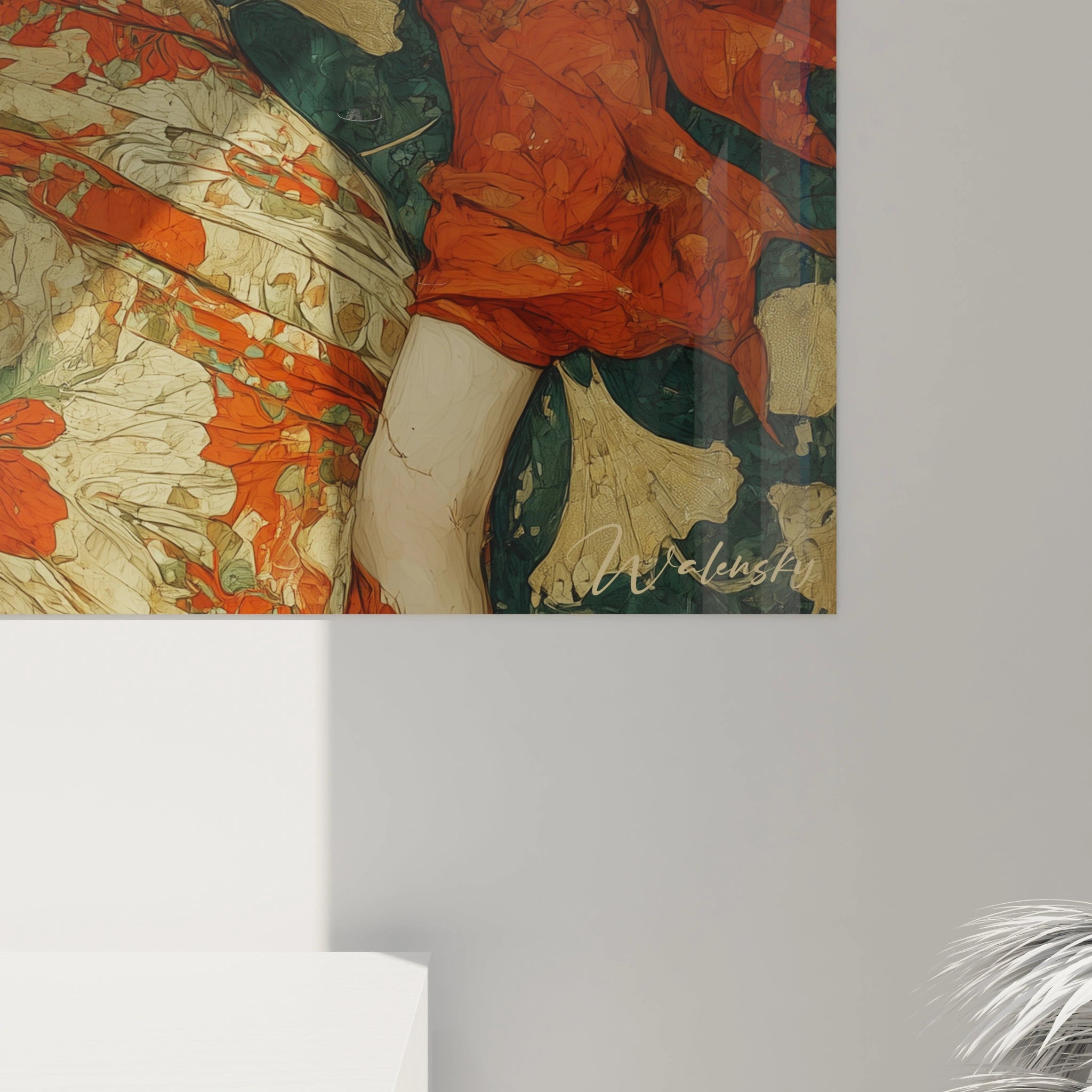 Tableau mural Walensky tableau art nouveau femme aux arabesques florales bleues et jaunes avec signature visible