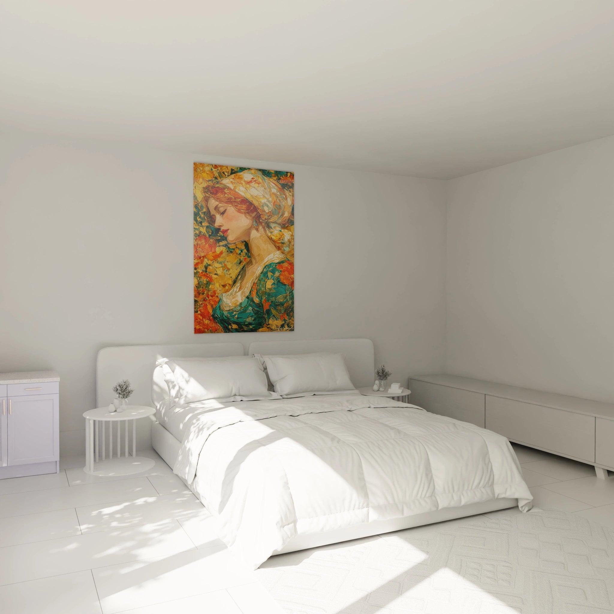 tableau femme ocre vermillon Walensky accroché au dessus d un lit blanc dans une chambre minimaliste et lumineuse