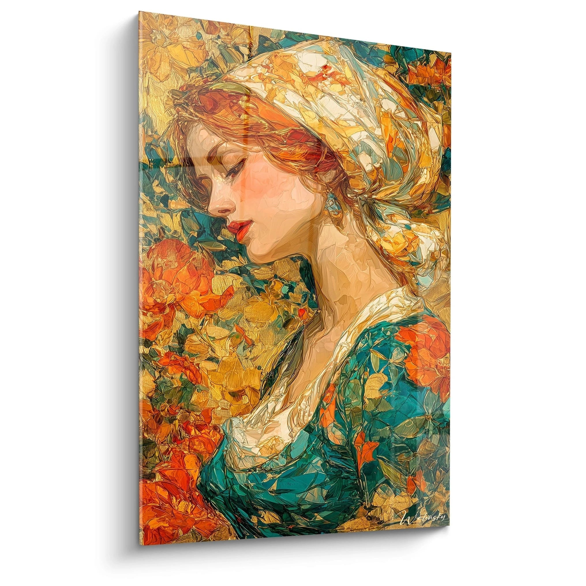 Tableau femme ocre vermillon tableau mural portrait en buste d une femme au foulard entourée de fleurs ocre et vermillon