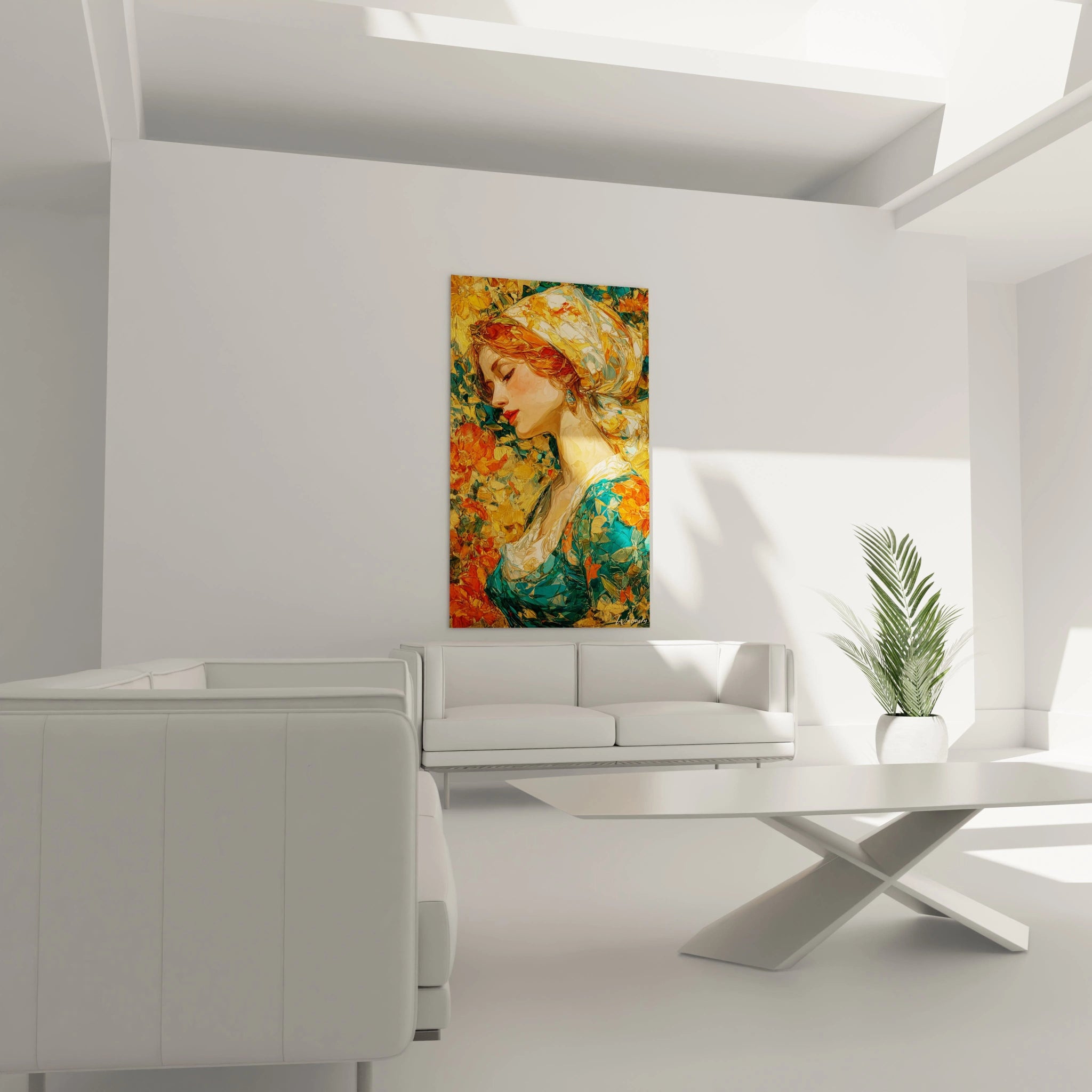 Tableau mural Walensky portrait féminin aux teintes chaudes ocre et vermillon tableau femme ocre vermillon pour salon moderne