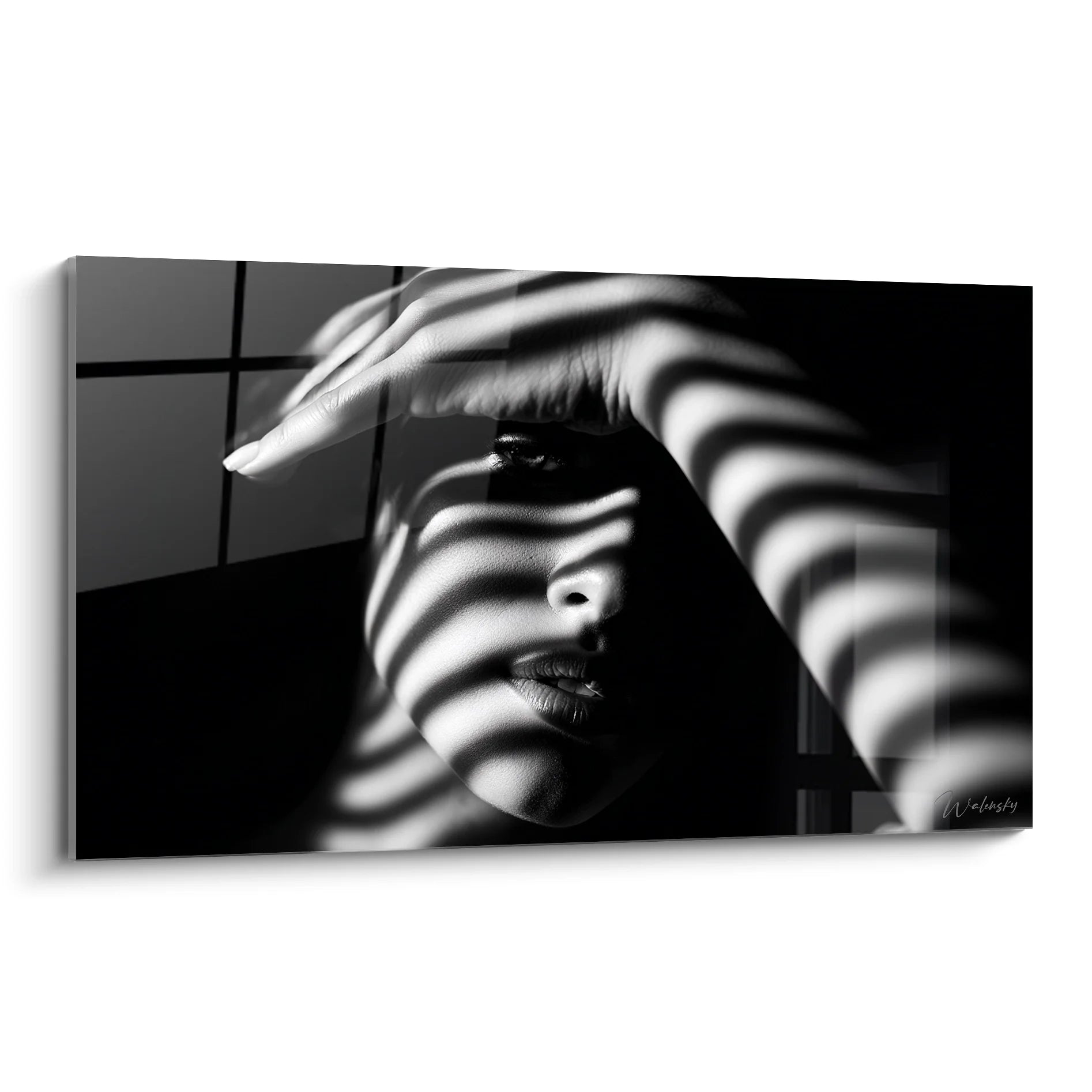 Tableau femme noir blanc ombres striées portrait artistique moderne décoration murale