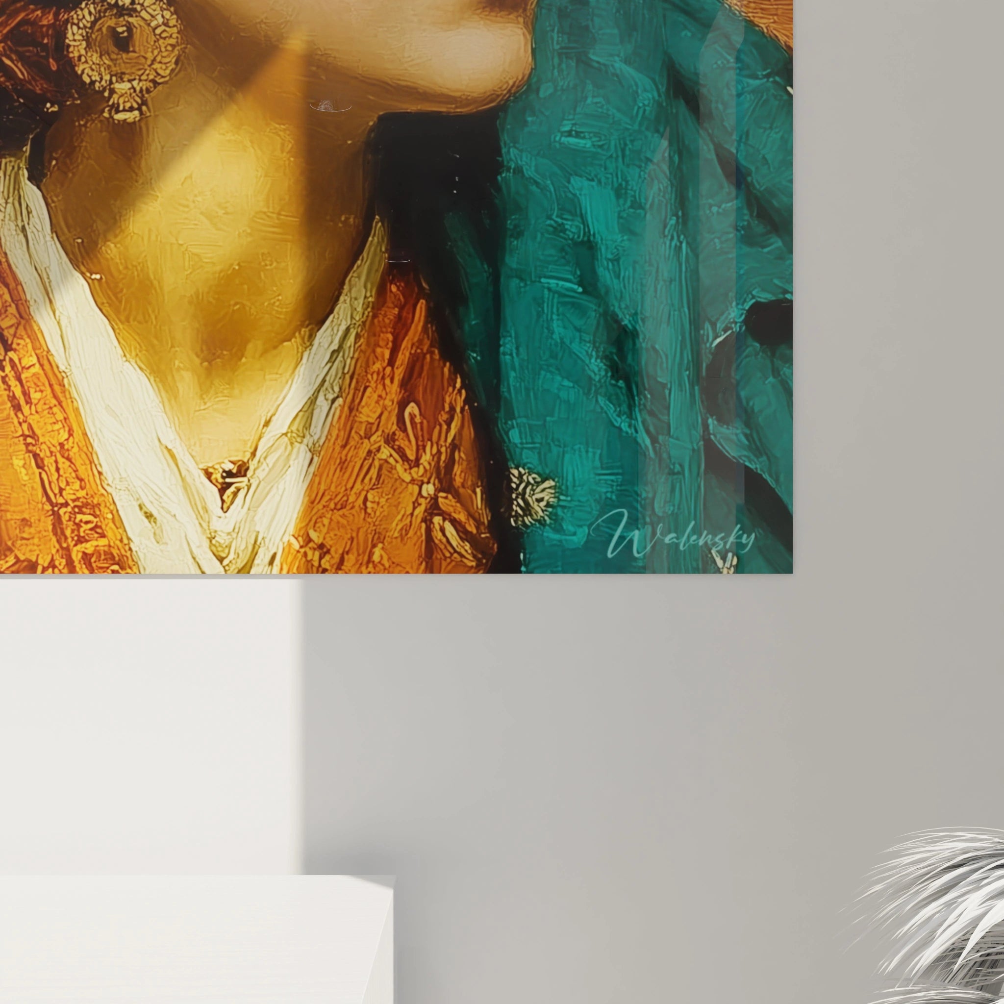 tableau femme orientale Walensky gros plan visage bijoux et textiles colores sur toile murale decor moderne