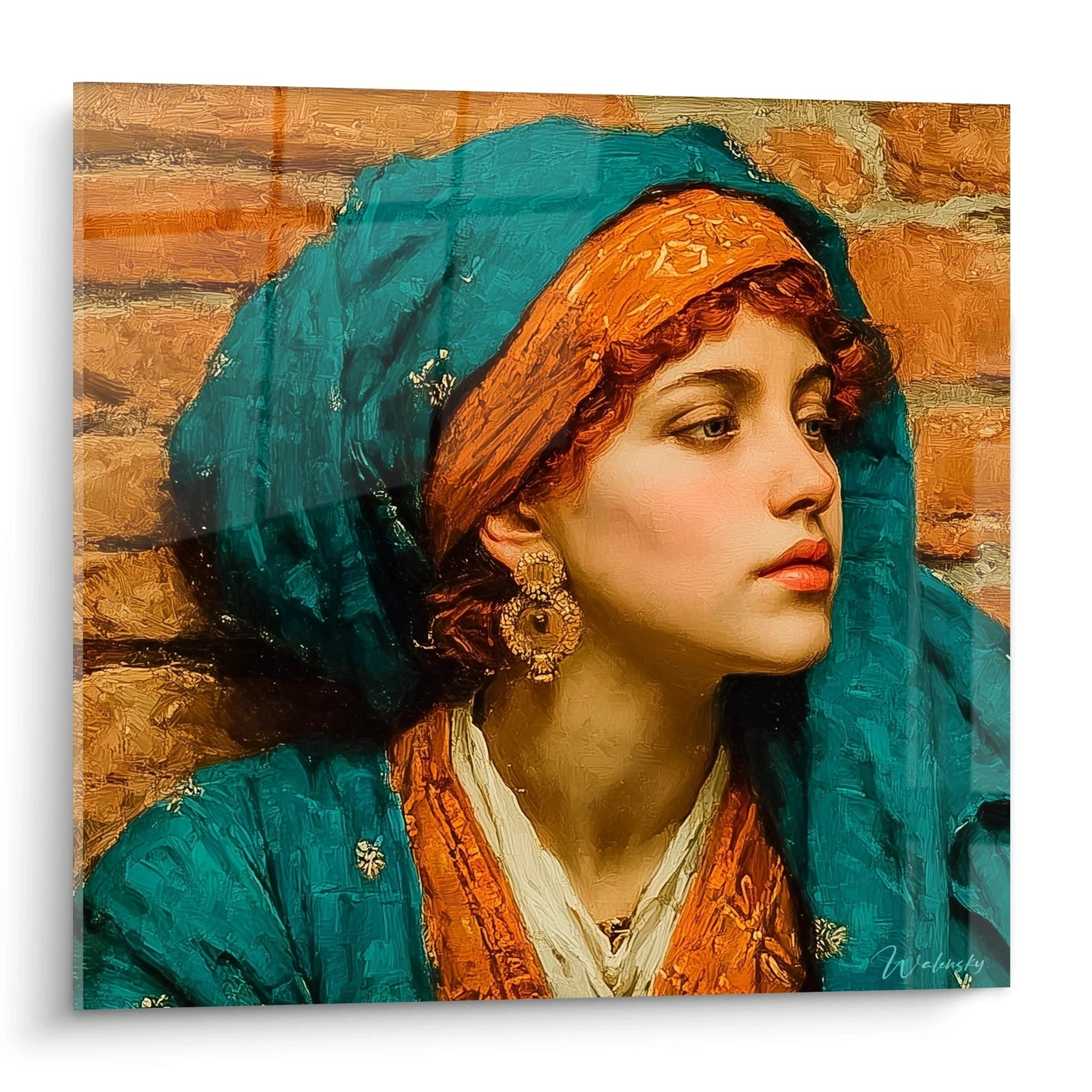 Tableau mural Walensky tableau femme orientale en portrait classique turban bleu et boucles dorées pour décoration murale