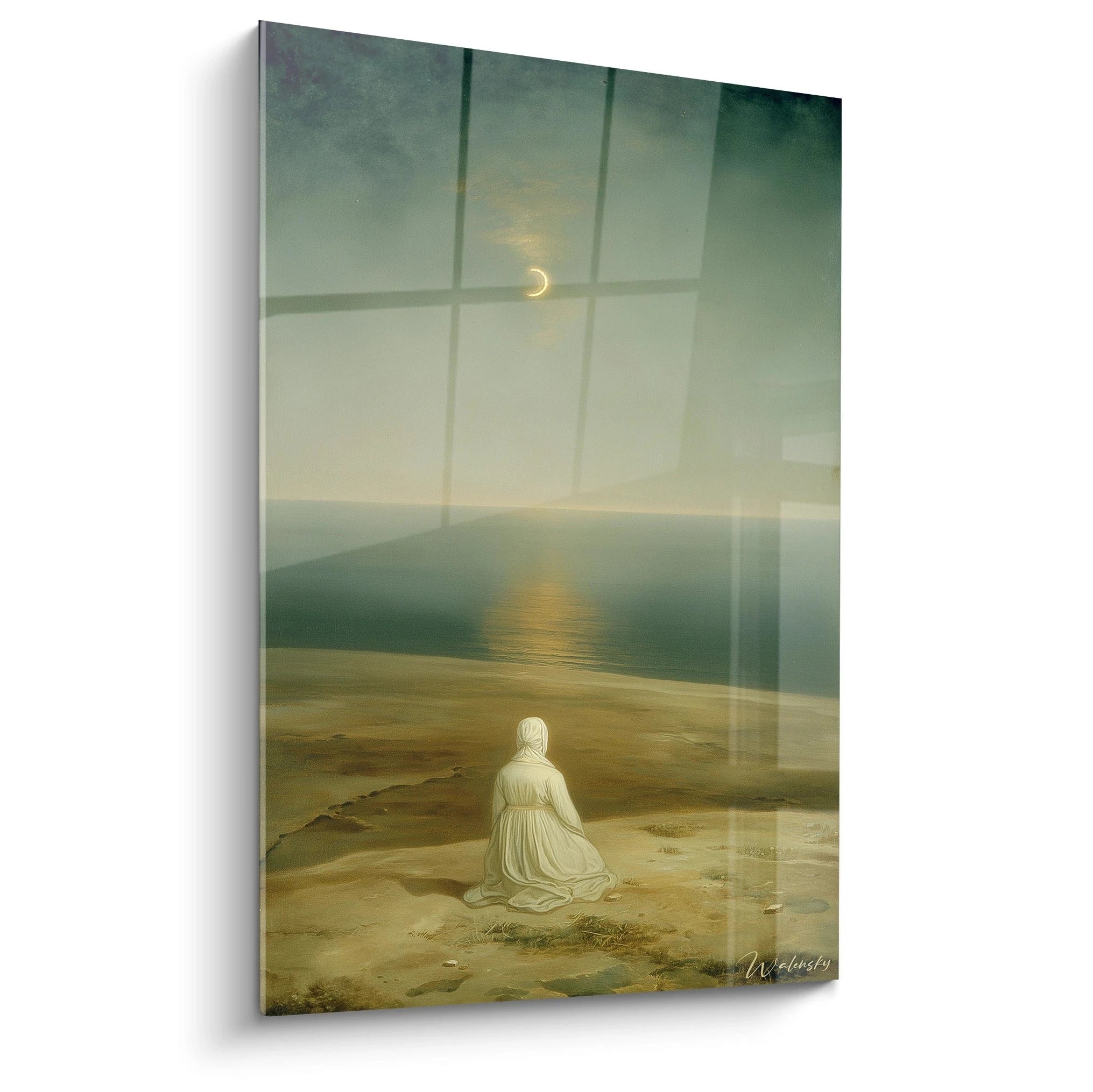 Walensky tableau femme paix spirituelle toile murale femme assise face à la mer lune croissante atmosphère brumeuse