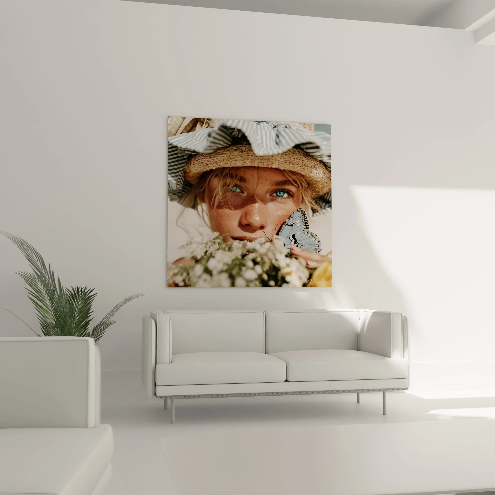 Walensky tableau femme papillon mural montrant le visage d une femme aux yeux bleus chapeau et fleurs