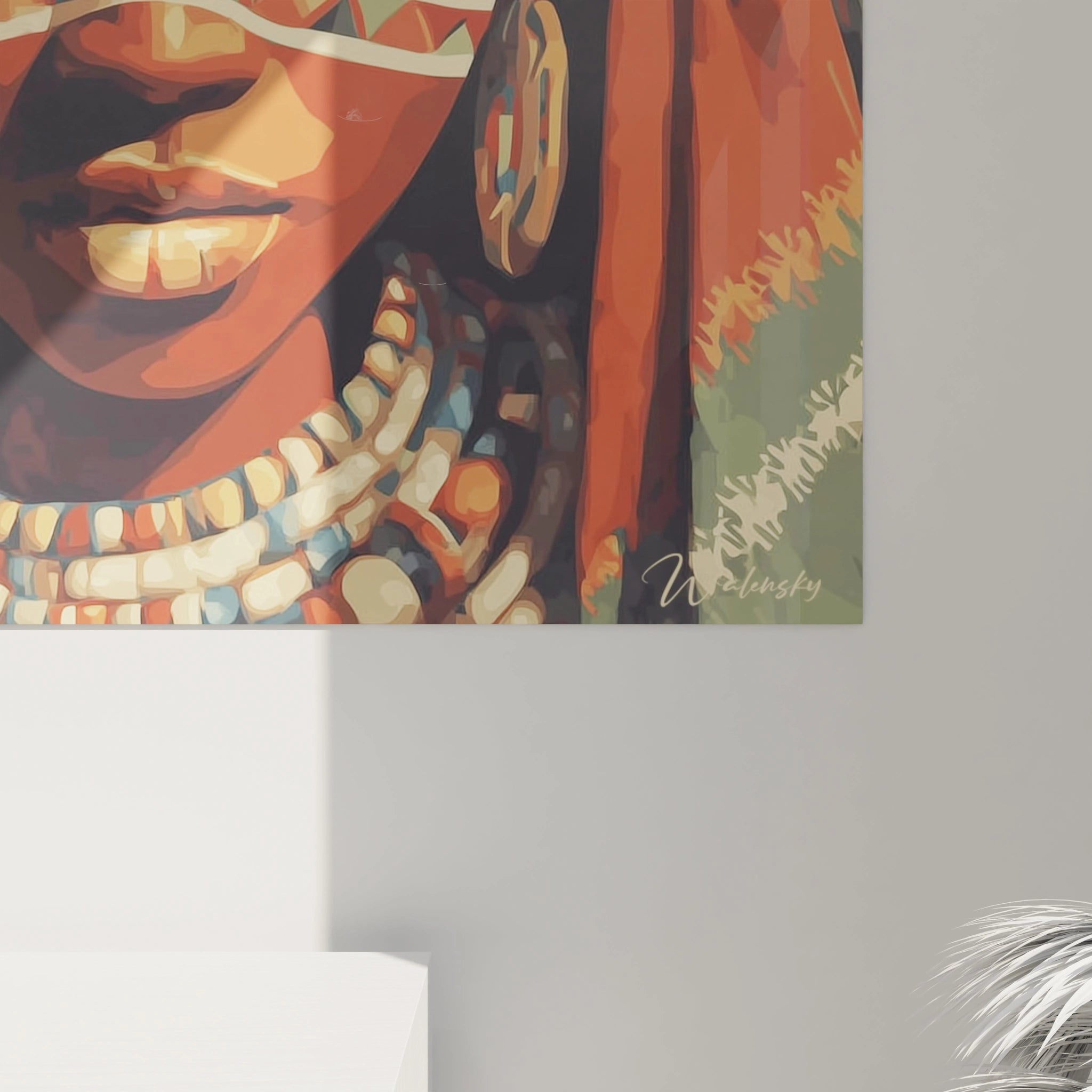 Tableau visage africain moderne de Walensky avec des couleurs vives et des détails artistiques
