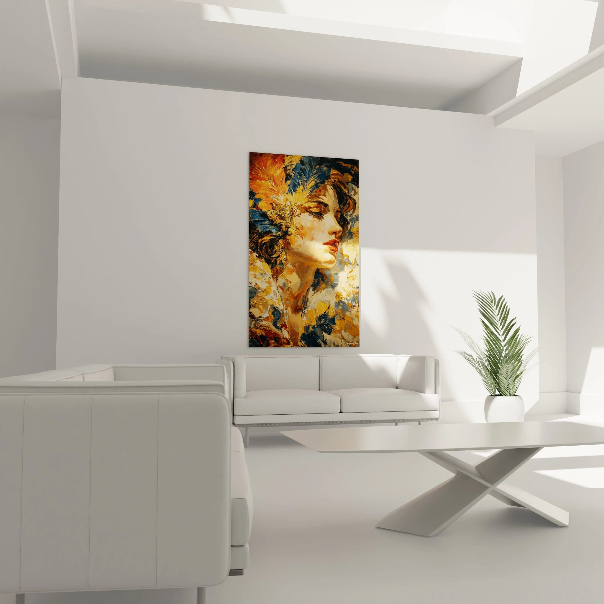 tableau femme doré baroque Walensky portrait féminin doré et floral accroché au mur du salon moderne blanc au dessus du canapé