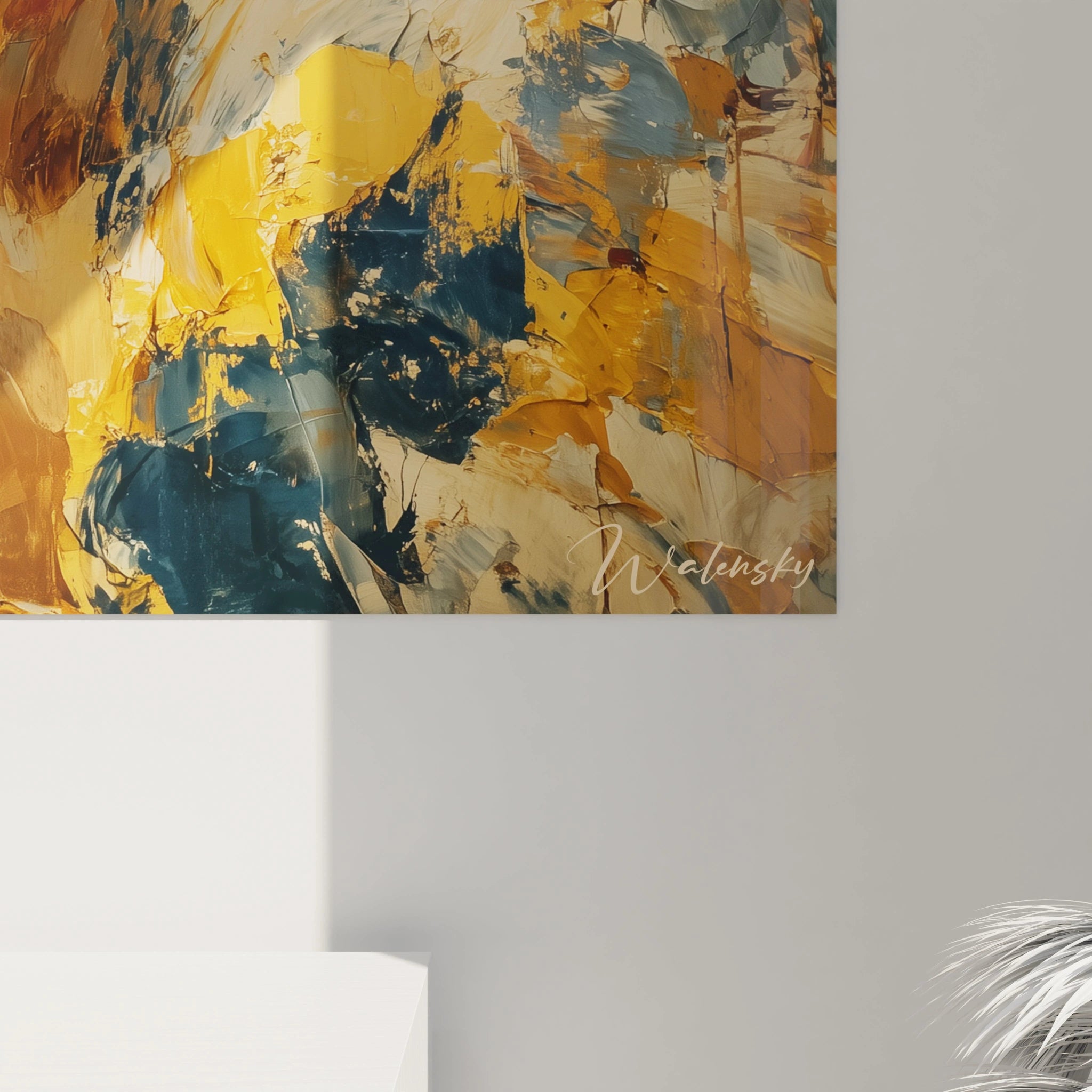 tableau femme doré baroque Walensky peinture murale abstraite or et bleu pour salon contemporain