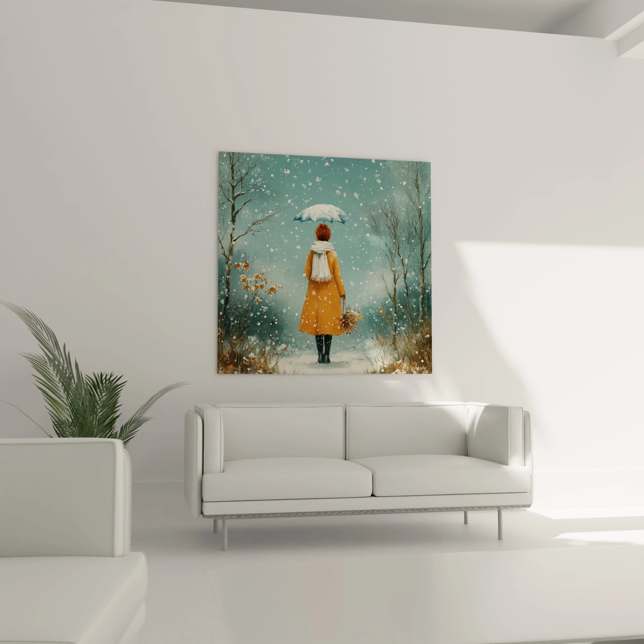 Walensky tableau femme hiver moderne représentant une femme en manteau jaune sous la neige décor mural