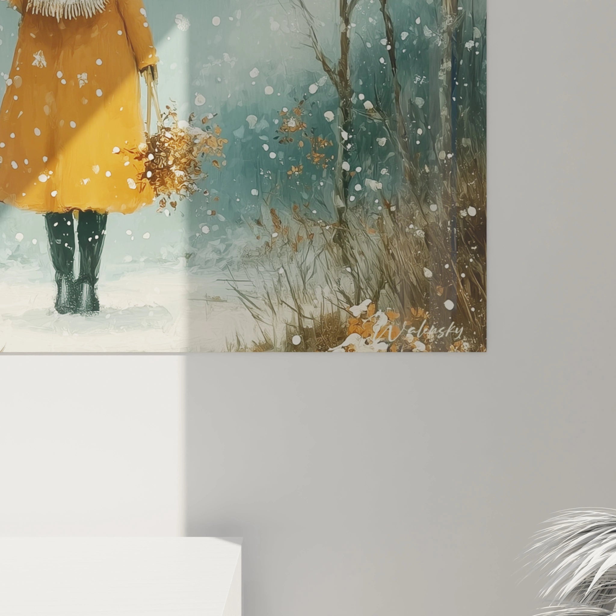 Walensky tableau femme hiver moderne femme en manteau jaune tenant un bouquet dans la neige decor mural