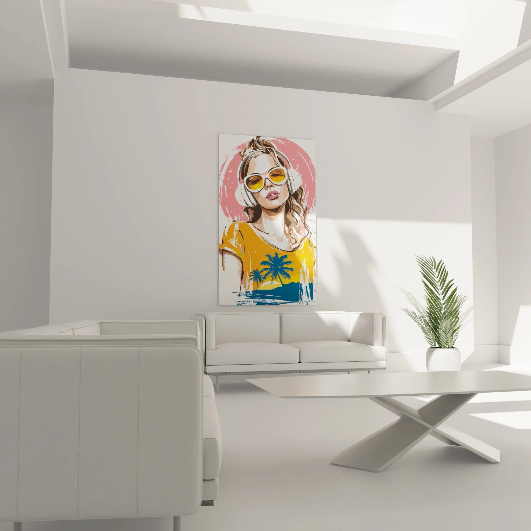 Tableau mural Walensky tableau pin-up été accroché dans un salon blanc femme en lunettes jaunes et t-shirt palmier