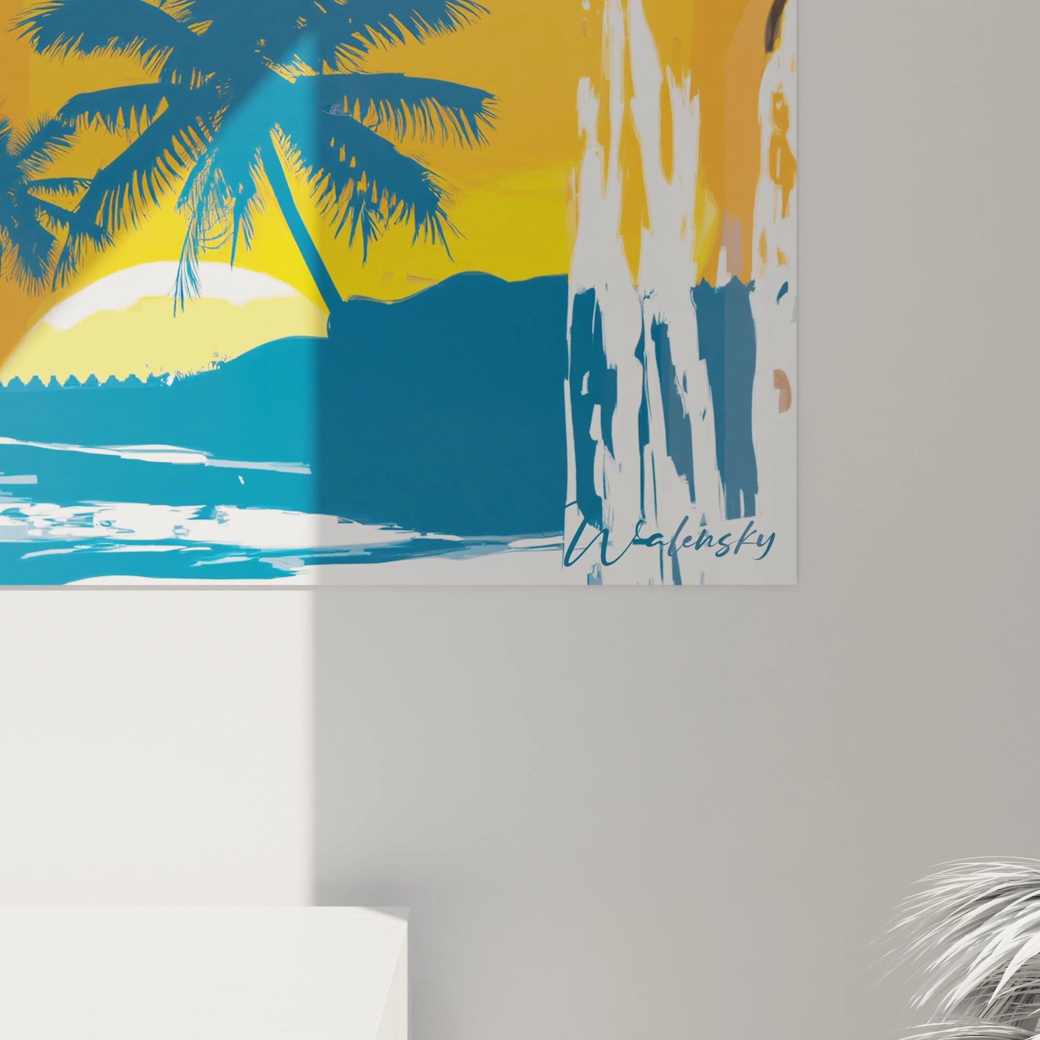 Tableau mural Walensky représentant une scène pin-up plage tropicale au coucher de soleil avec palmiers tableau pin-up été