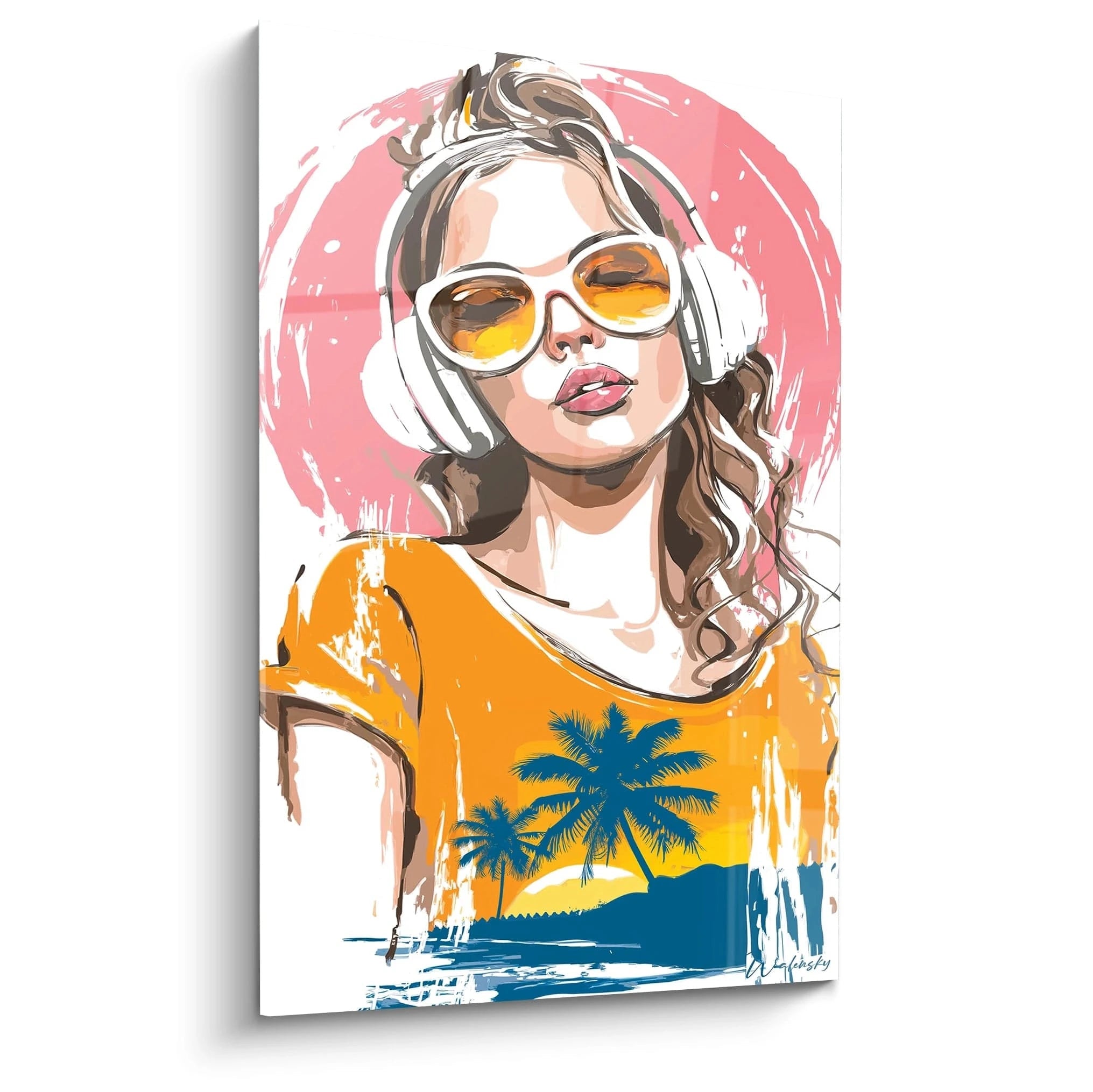 Tableau mural Walensky tableau pin-up été portrait femme en lunettes solaires et casque audio, t-shirt orange avec palmiers