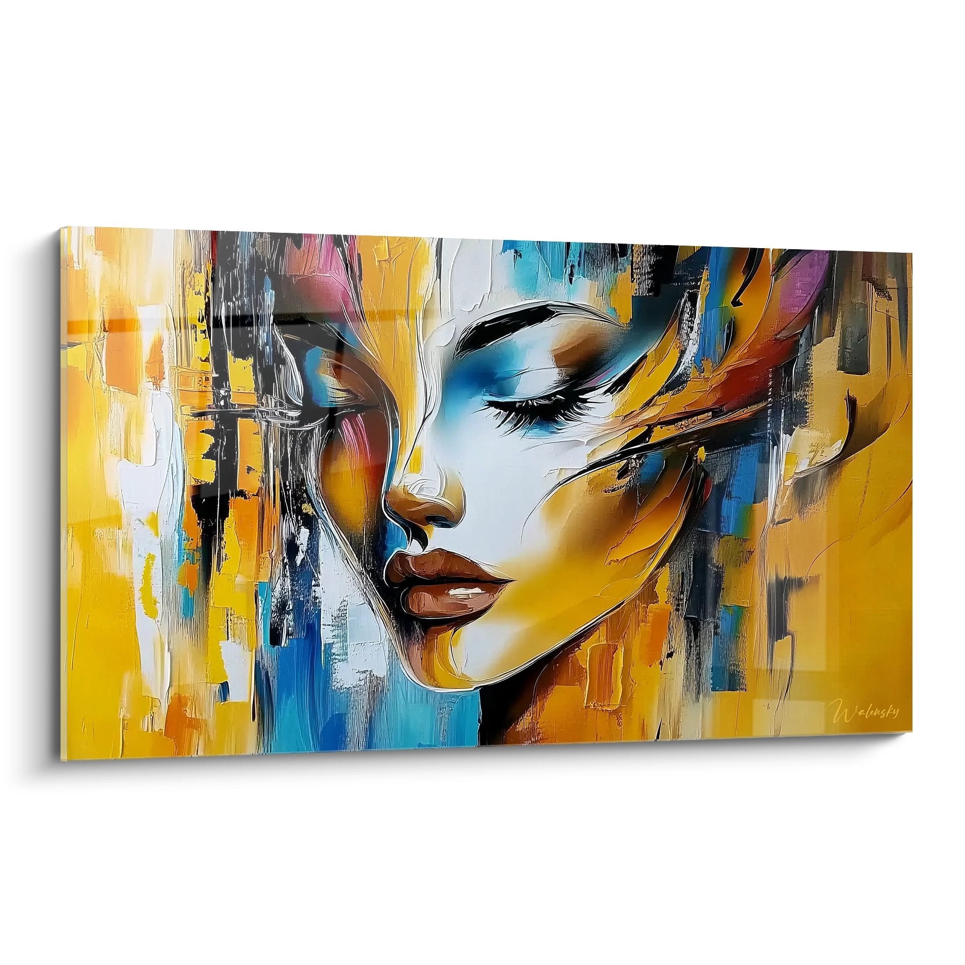 Tableau mural femme portrait abstrait aux couleurs vibrantes jaune bleu orange pour décoration moderne