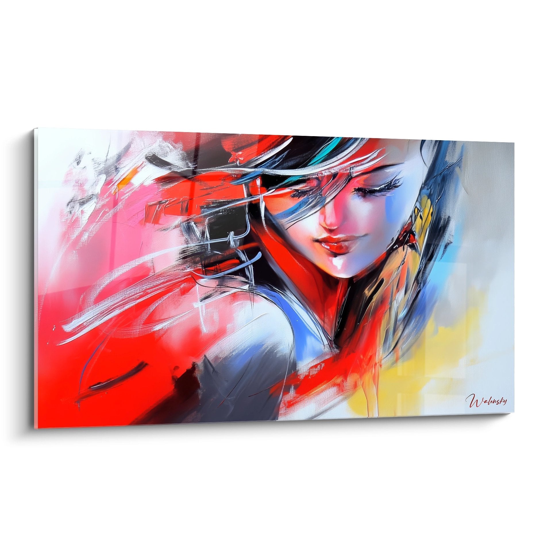 Tableau mural femme portrait abstrait aux couleurs vives rouge bleu jaune style contemporain