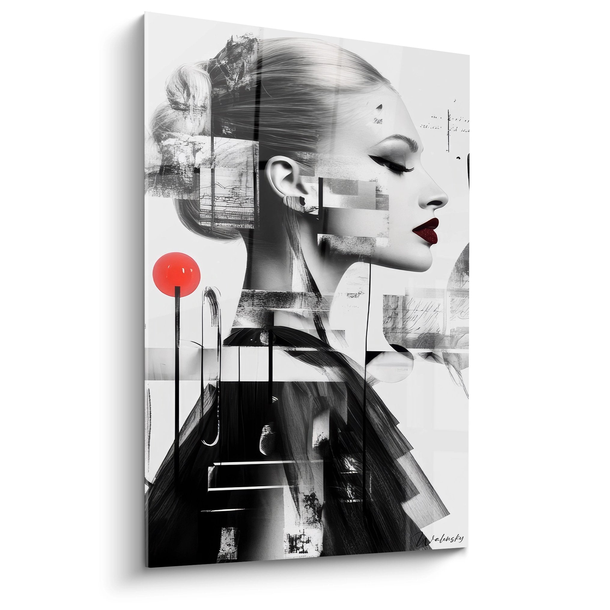 Tableau mural femme portrait artistique noir blanc rouge style moderne contemporain décoration