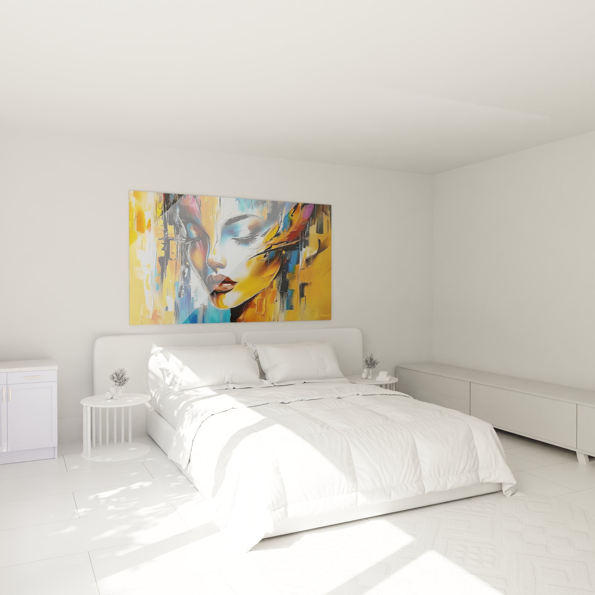 Tableau femme portrait coloré dans ambiance chambre moderne avec décoration murale artistique contemporaine