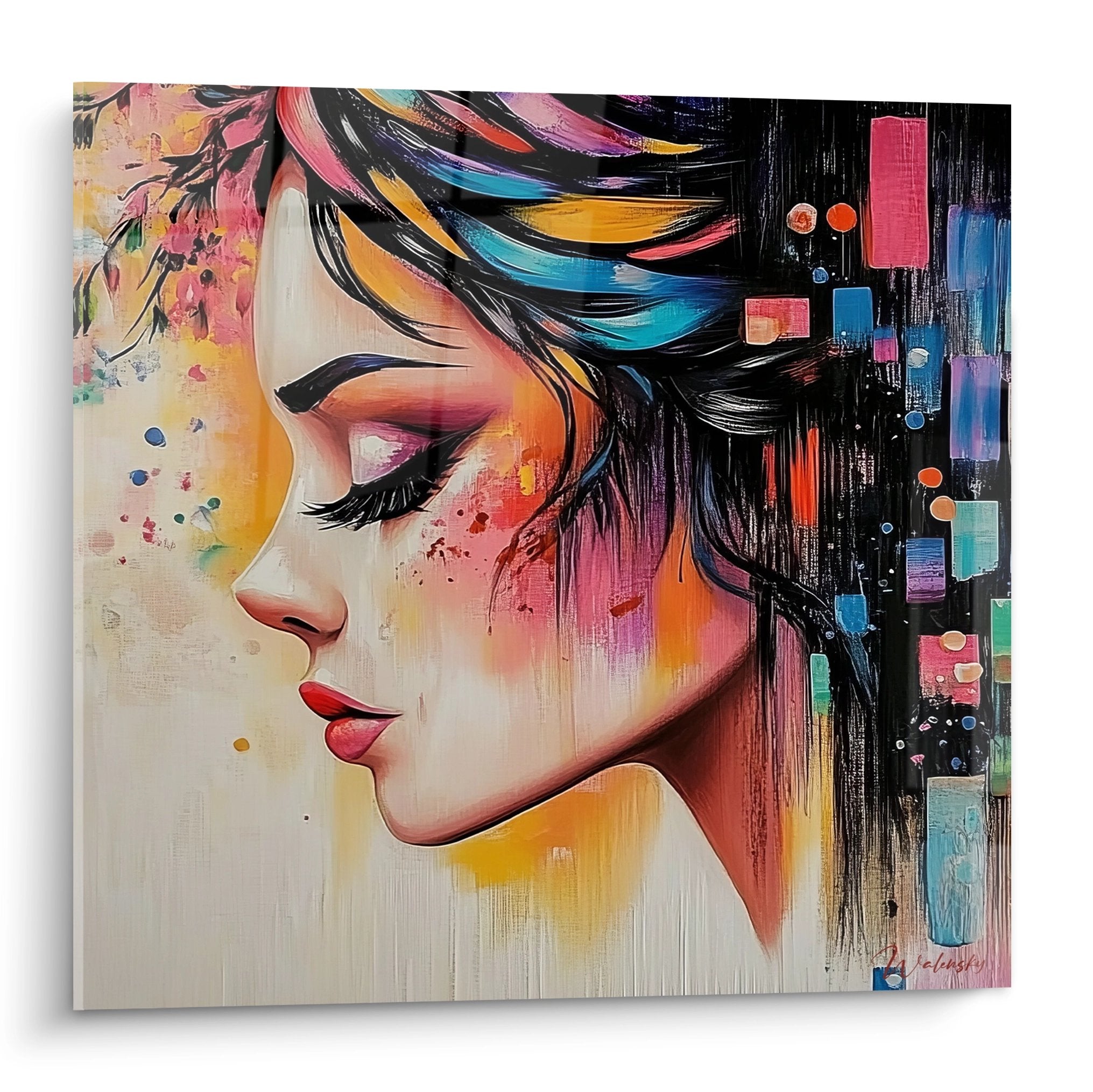 Tableau femme profil coloré art abstrait moderne avec éléments géométriques multicolores