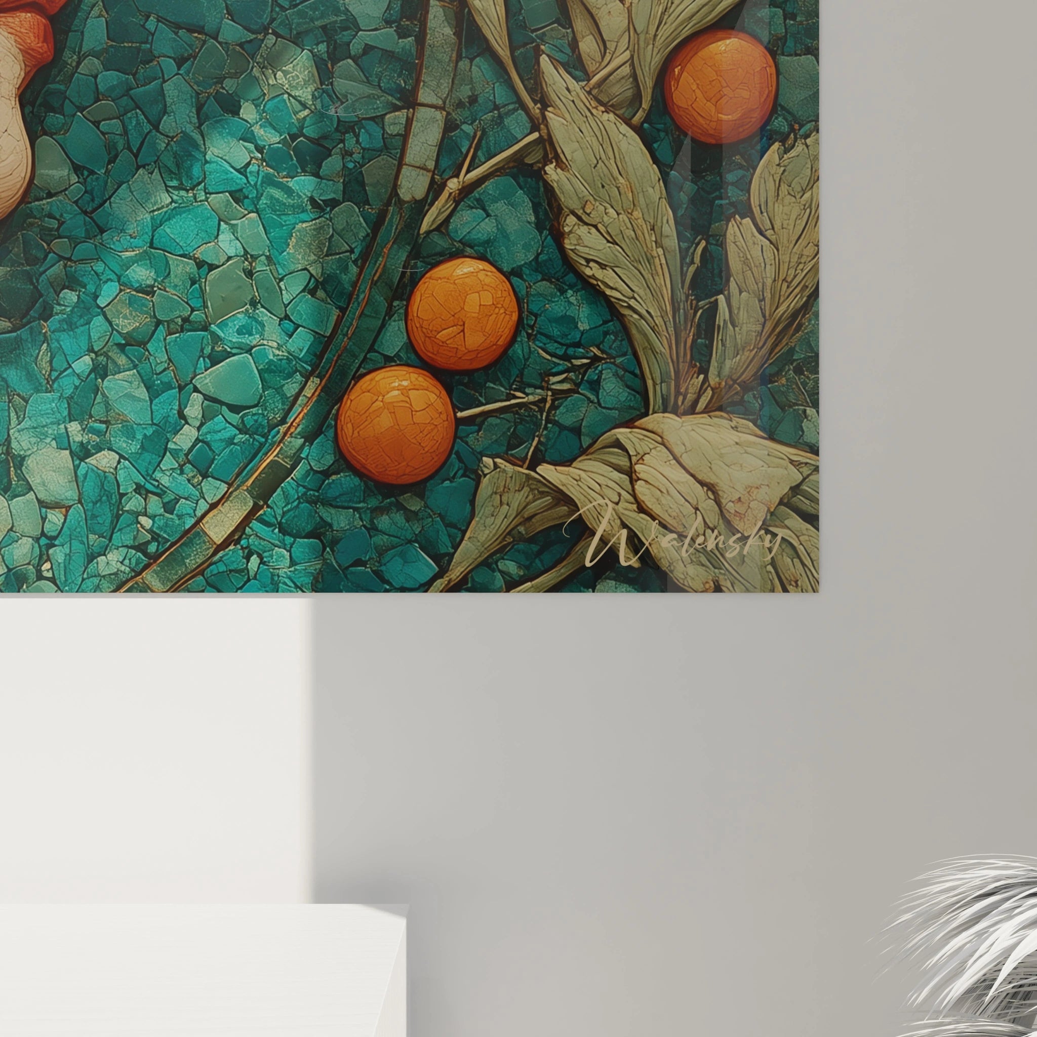 Tableau Walensky tableau femme art nouveau mosaïque turquoise feuilles dorées et fruits orange décoratifs