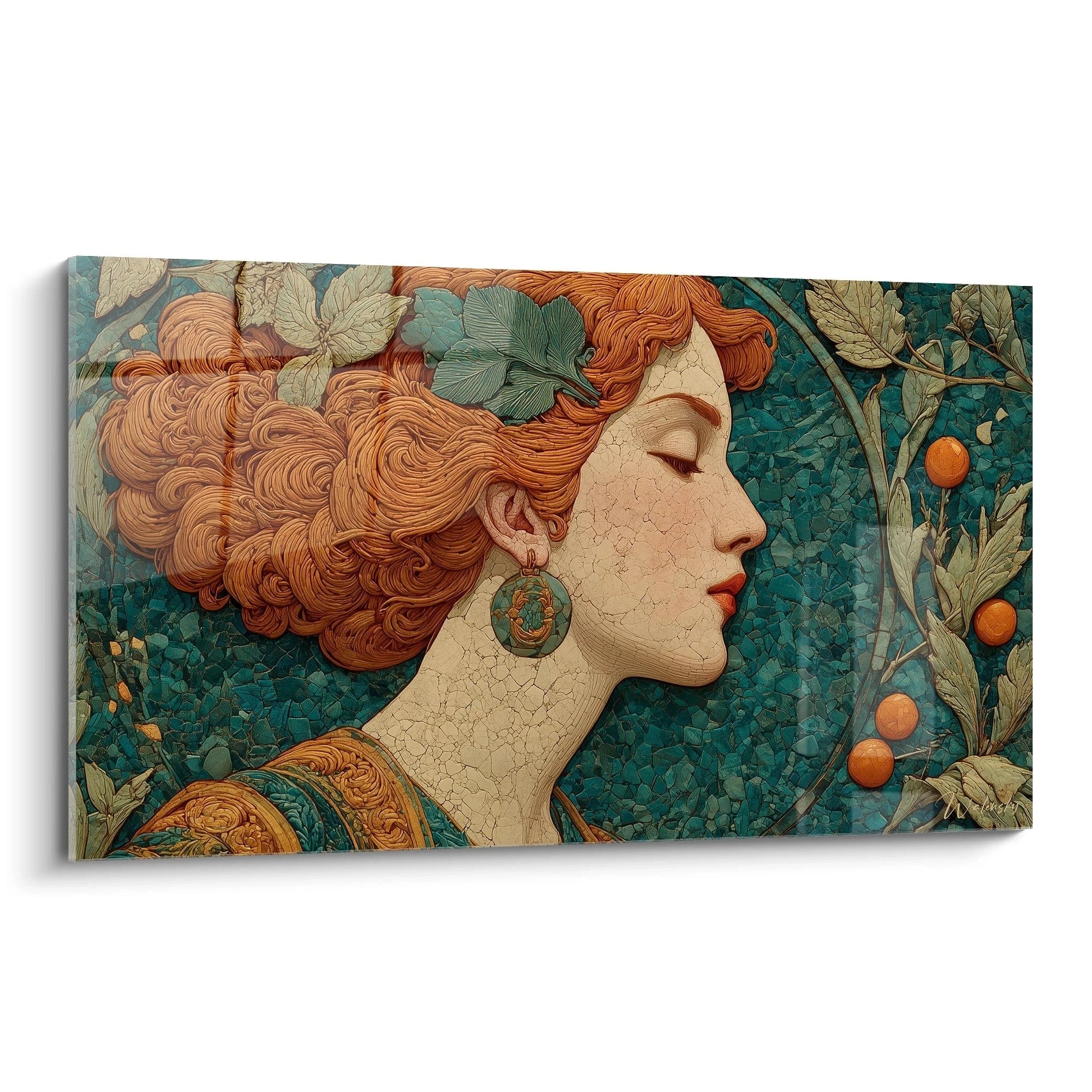 tableau femme art nouveau Walensky toile murale profil femme rousse vegetal ornemental fond turquoise