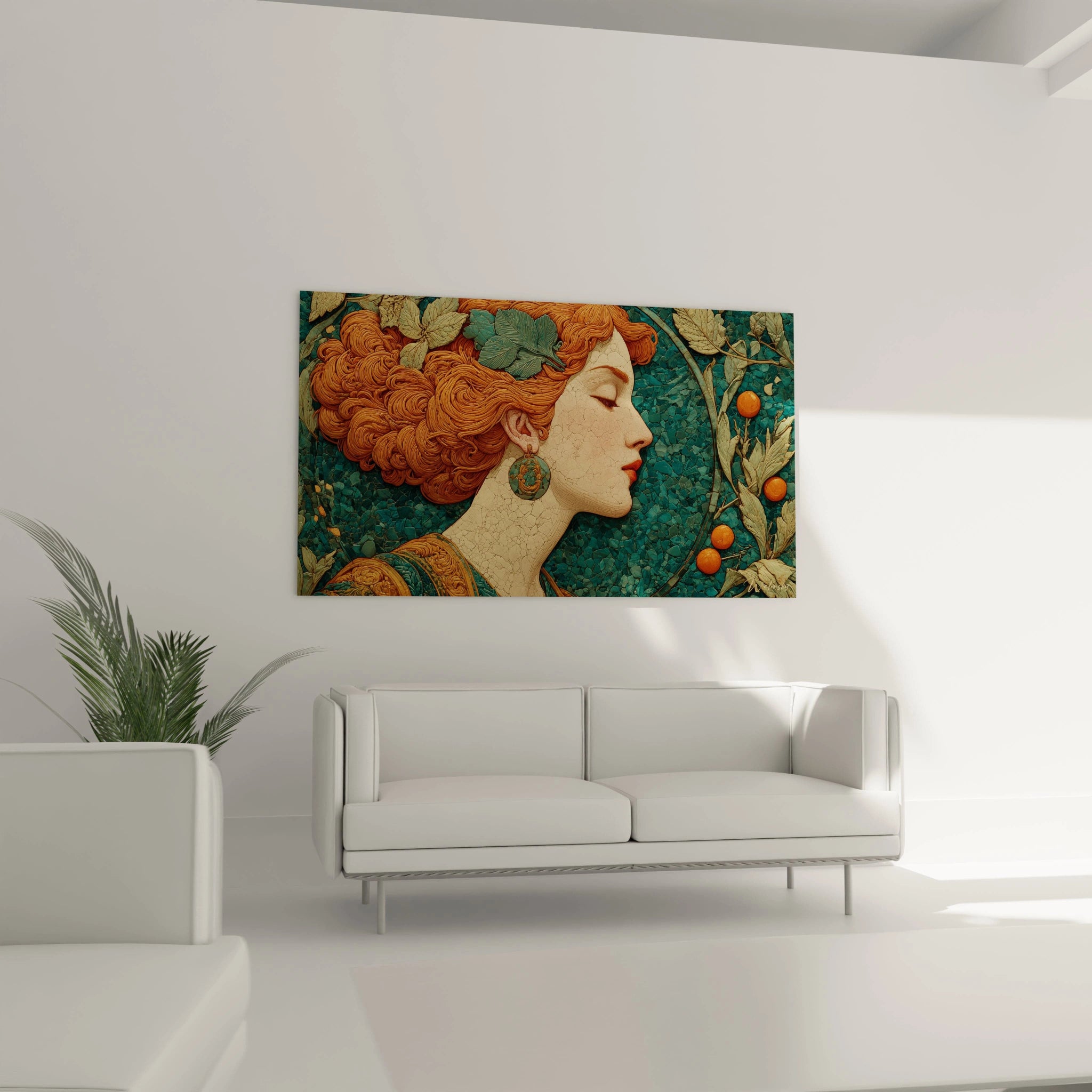 tableau femme art nouveau Walensky portrait de profil d une femme rousse aux boucles fleurs et oranges sur fond bleu vert