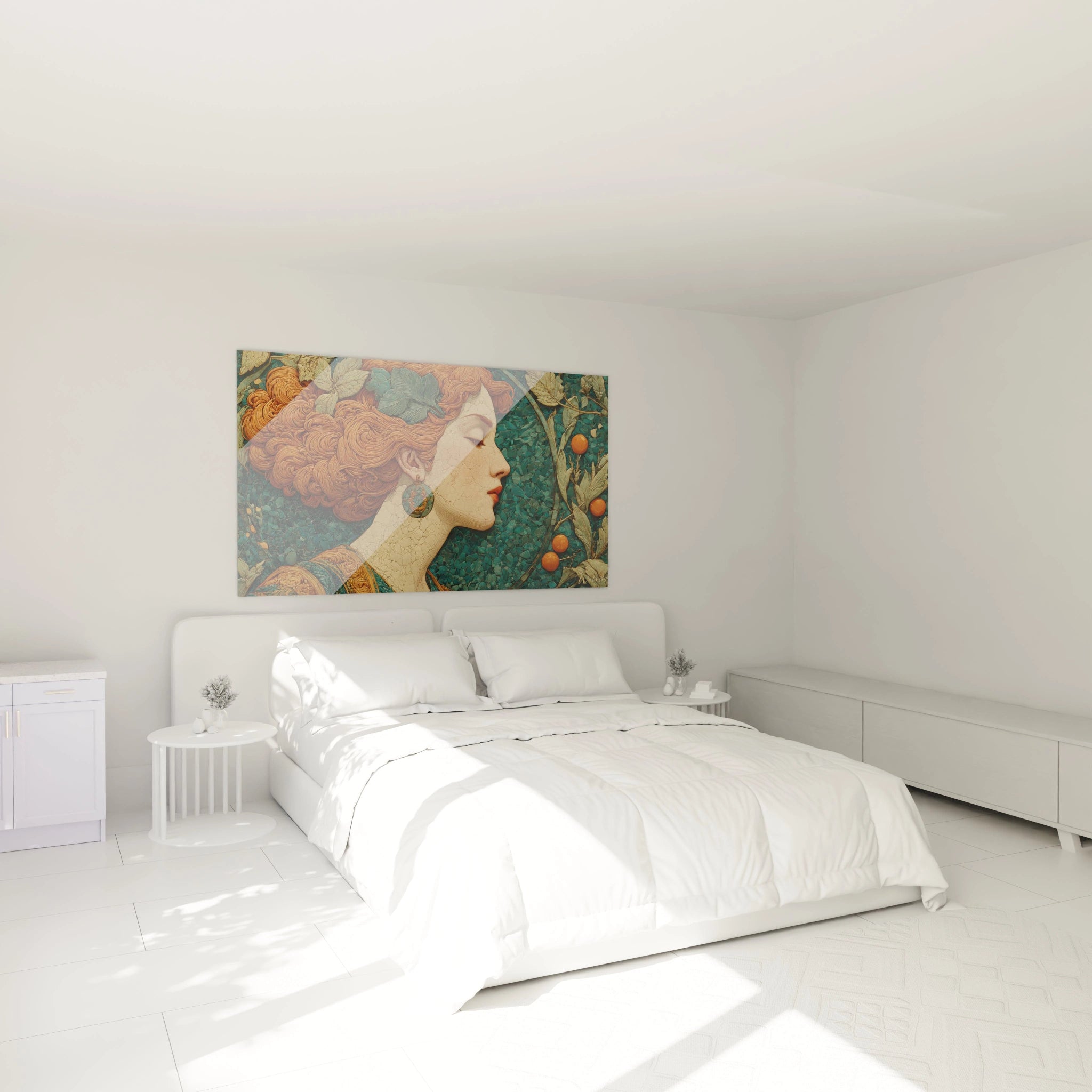 Walensky tableau femme art nouveau profil de femme cheveux roux motifs floraux accroche au dessus d un lit blanc