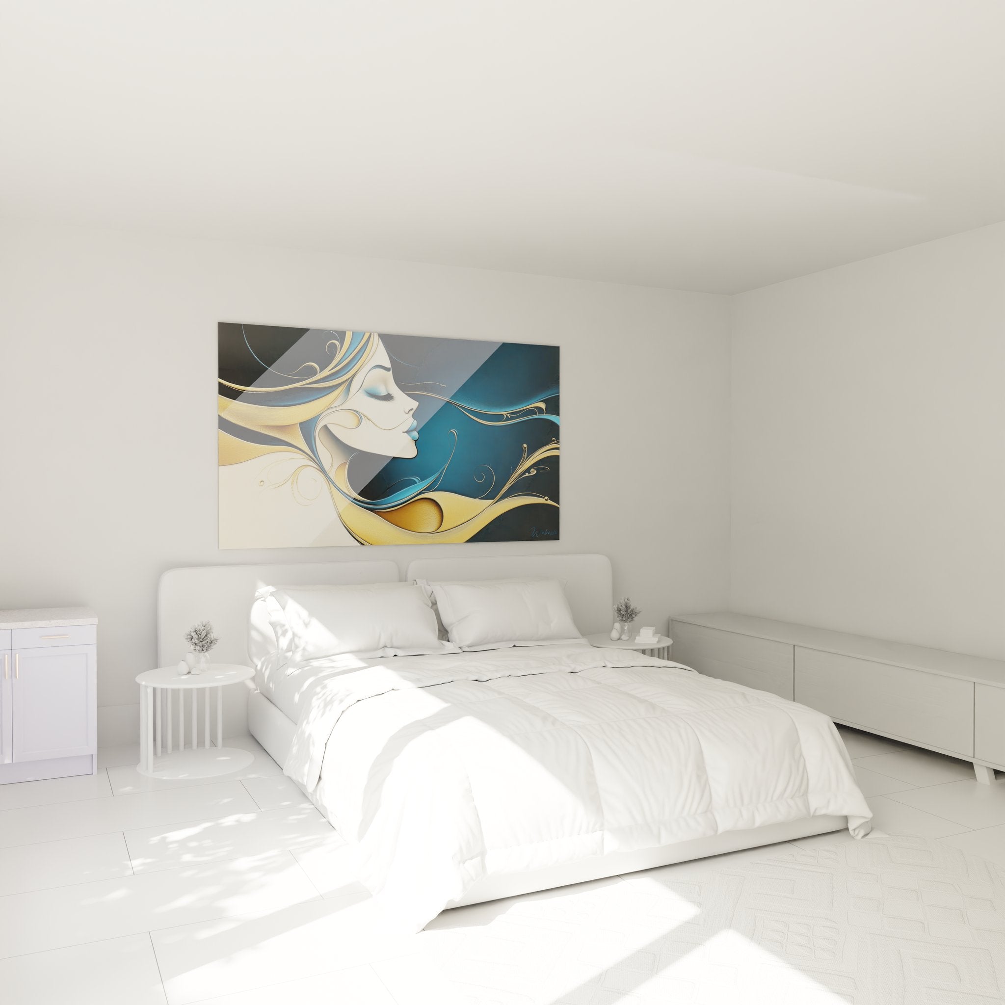 Ambiance chambre avec tableau femme profil doré bleu décoration murale sophistiquée