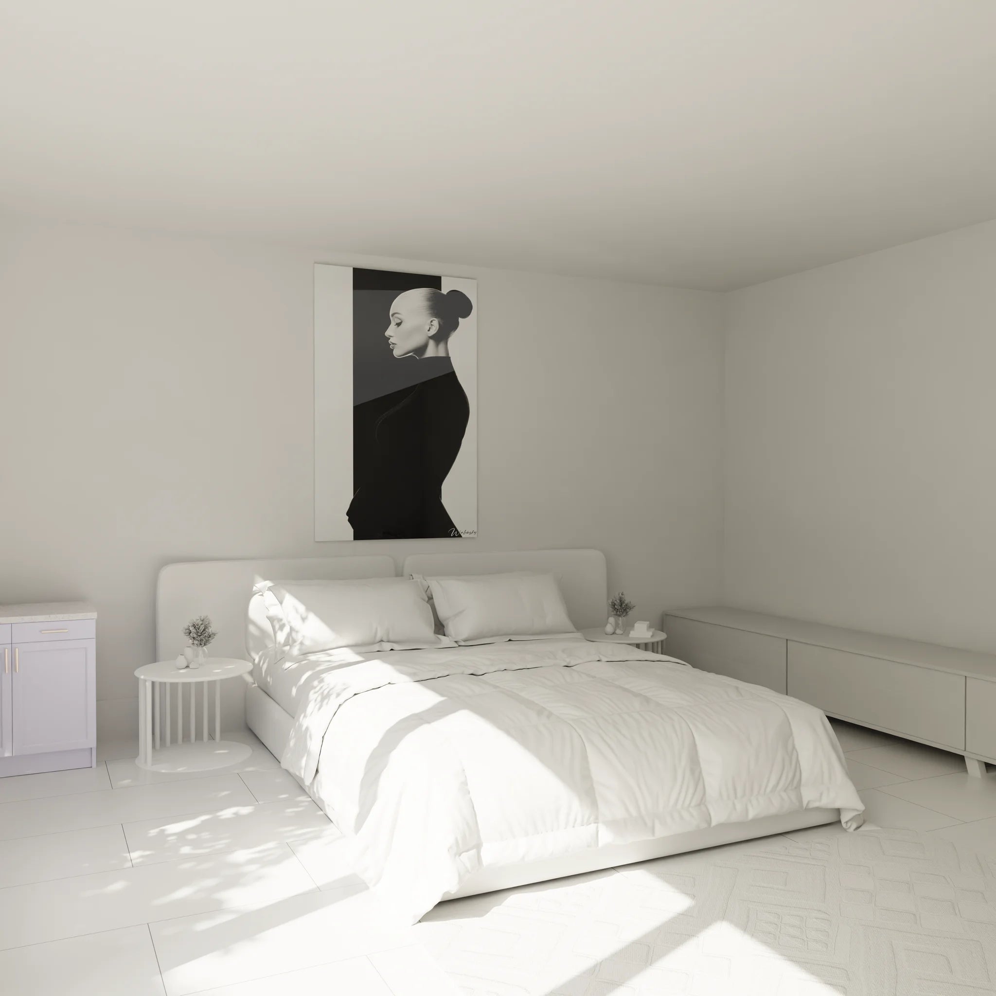 Black and white profile woman art in bedroom with elegant wall decoration