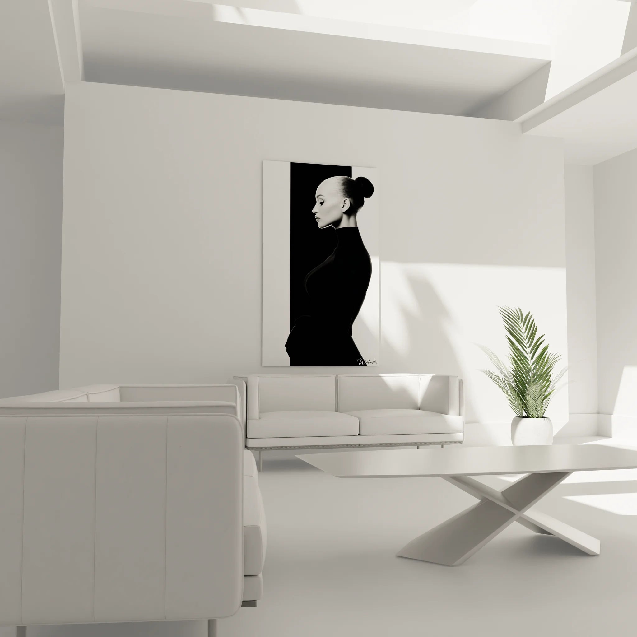 Close-up portrait painting of woman in profile black and white artistic details high quality