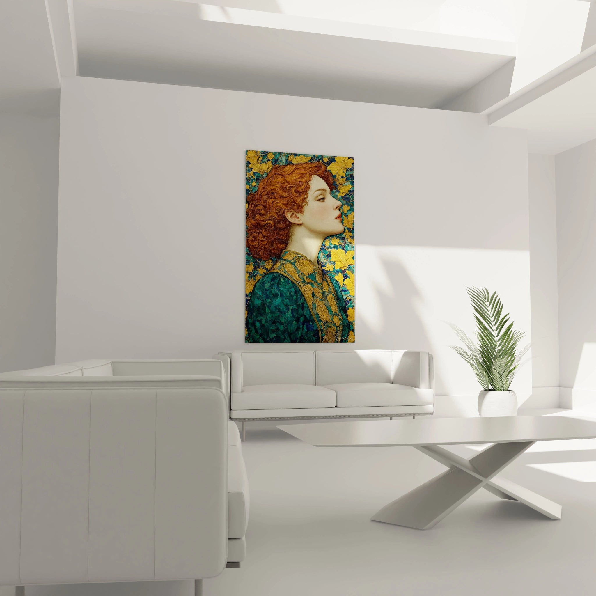 tableau art nouveau femme Walensky tableau mural représentant une femme rousse en profil sur fond floral vert et or