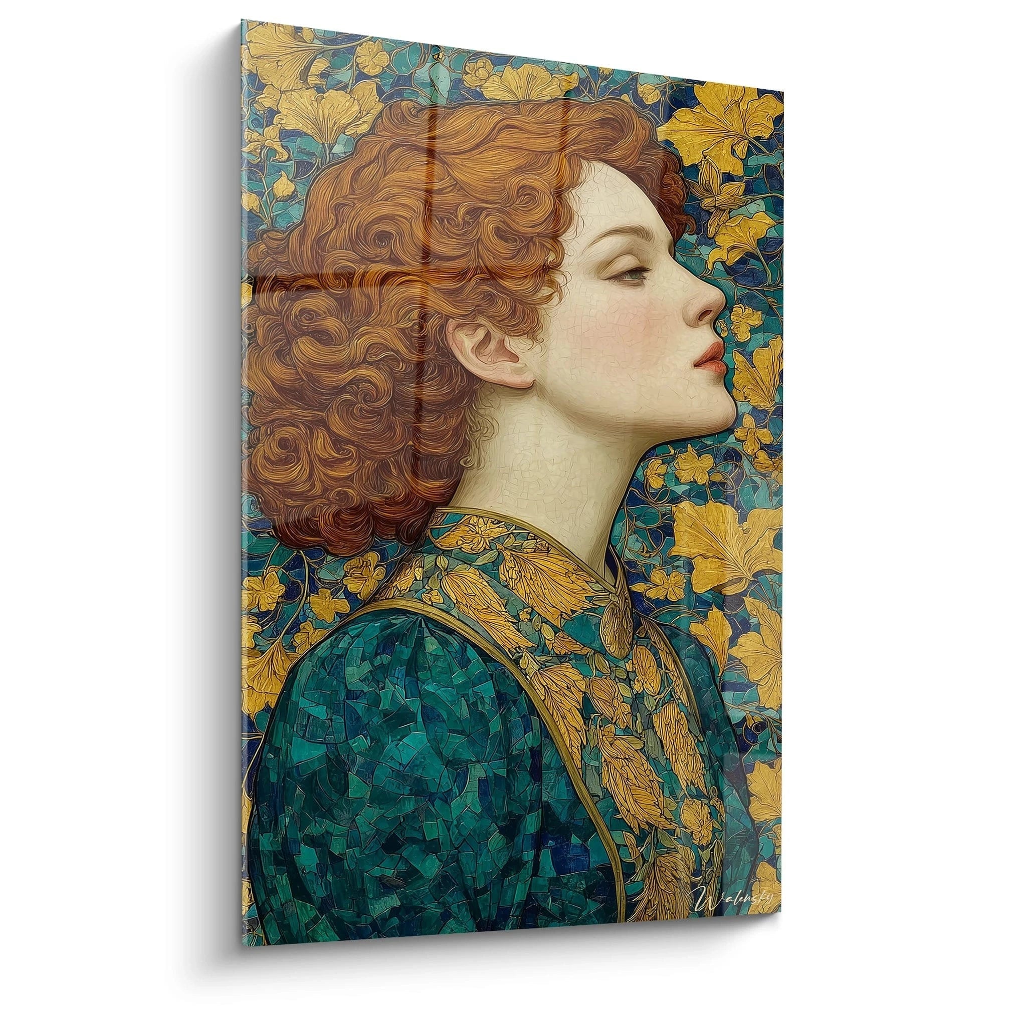 tableau art nouveau femme Walensky portrait profil de femme rousse en robe verte et motifs floraux jaunes